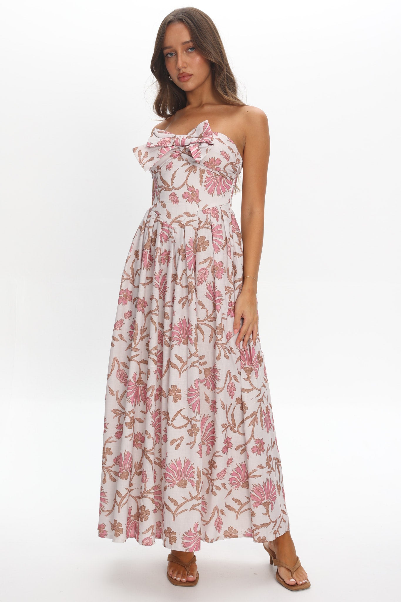 Summer Field Bow Bust Maxi Dress Floral Beige by Selfie Leslie Australia