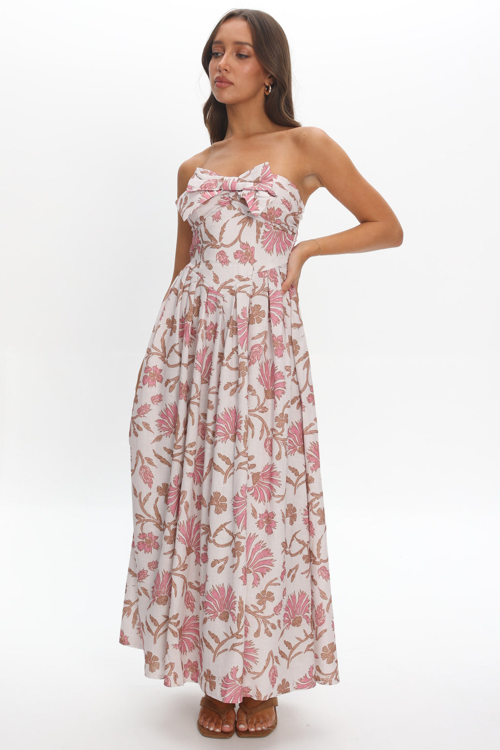 Summer Field Bow Bust Maxi Dress Floral Beige by Selfie Leslie Australia
