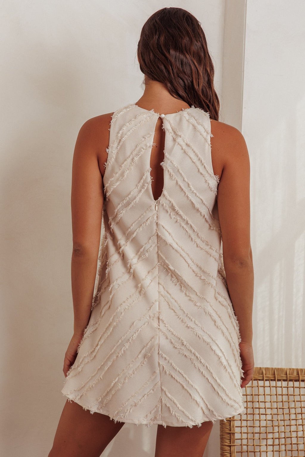 Caro Fringe Trim Shift Mini Dress Cream by Selfie Leslie Australia