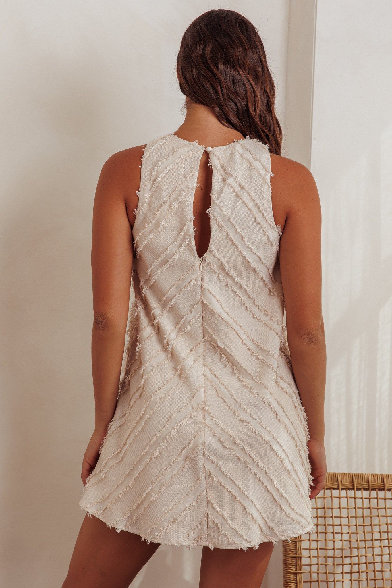 Caro Fringe Trim Shift Mini Dress Cream by Selfie Leslie Australia