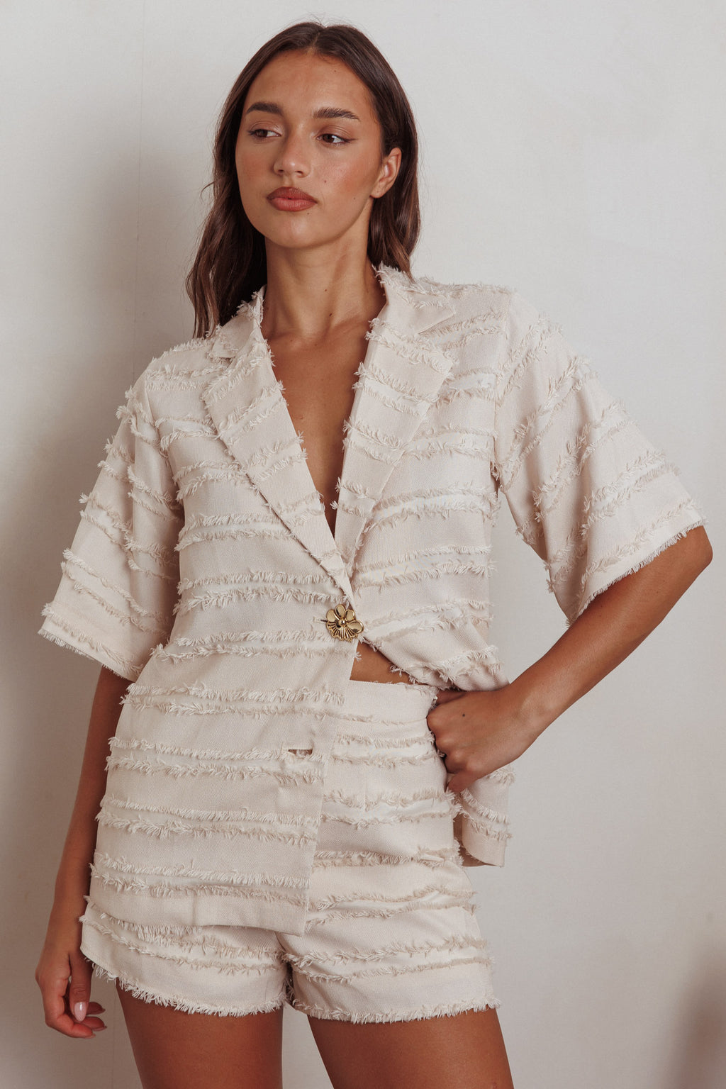 Reed Raw Edge Trim Shorts Cream by Selfie Leslie Australia