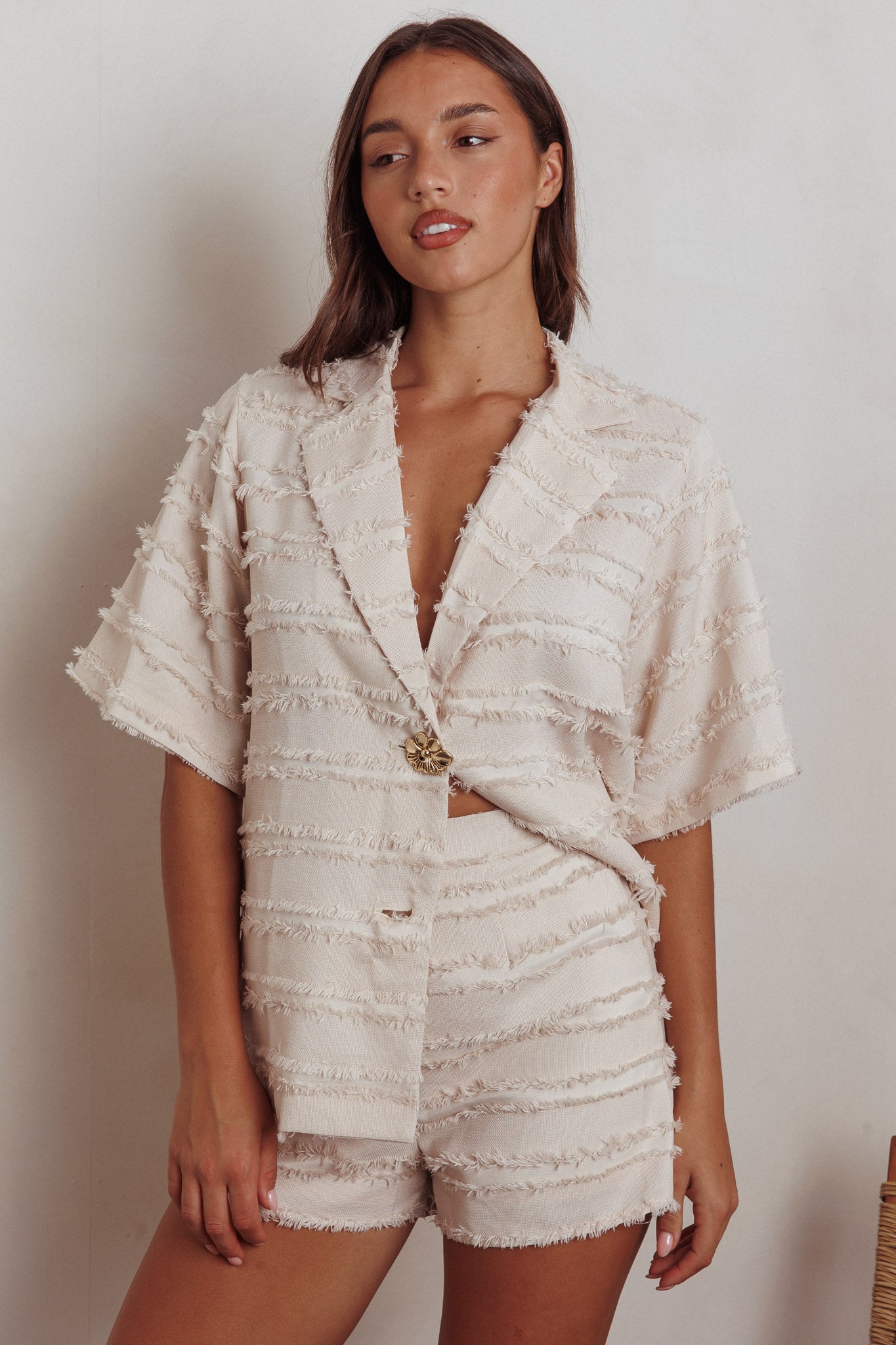 Reed Raw Edge Trim Shorts Cream by Selfie Leslie Australia