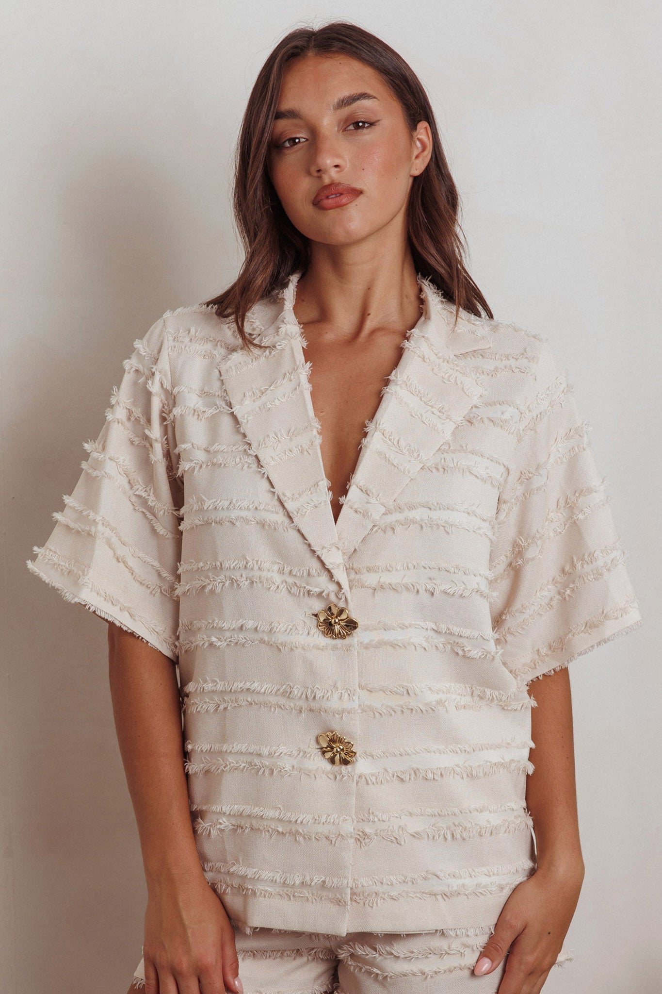 Reed Raw Edge Trim Collared Top Cream by Selfie Leslie Australia