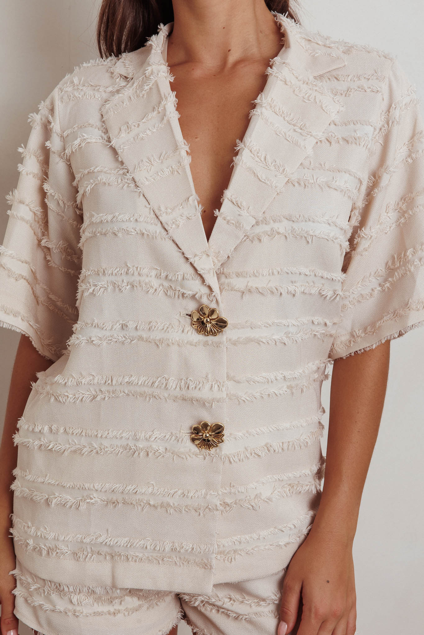 Reed Raw Edge Trim Collared Top Cream by Selfie Leslie Australia