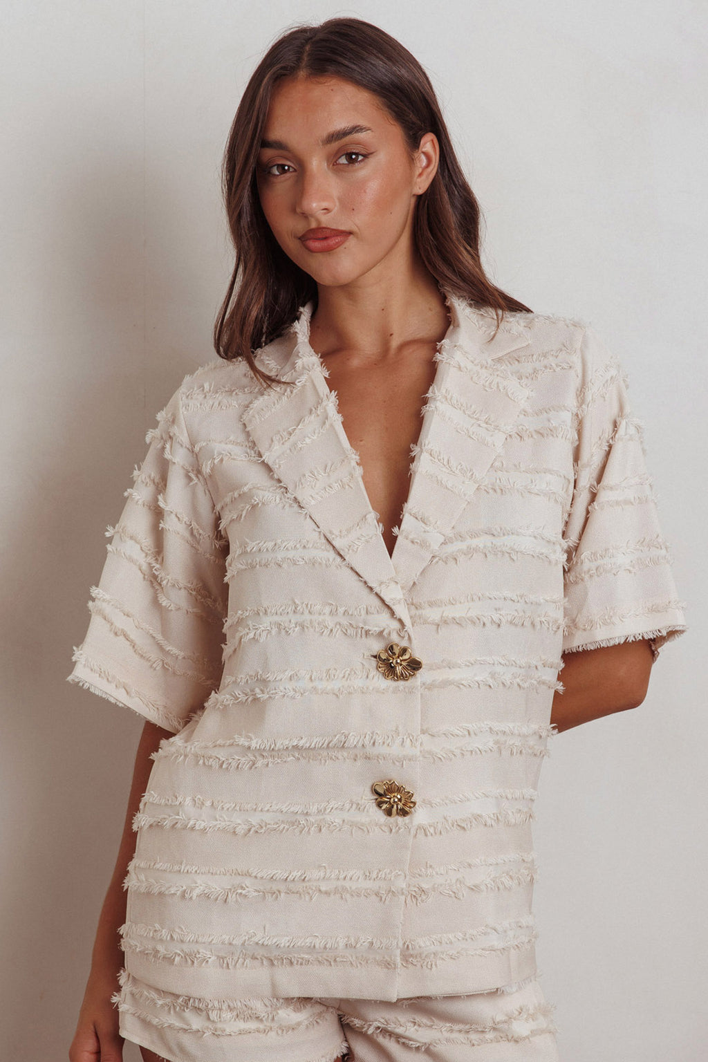 Reed Raw Edge Trim Collared Top Cream by Selfie Leslie Australia