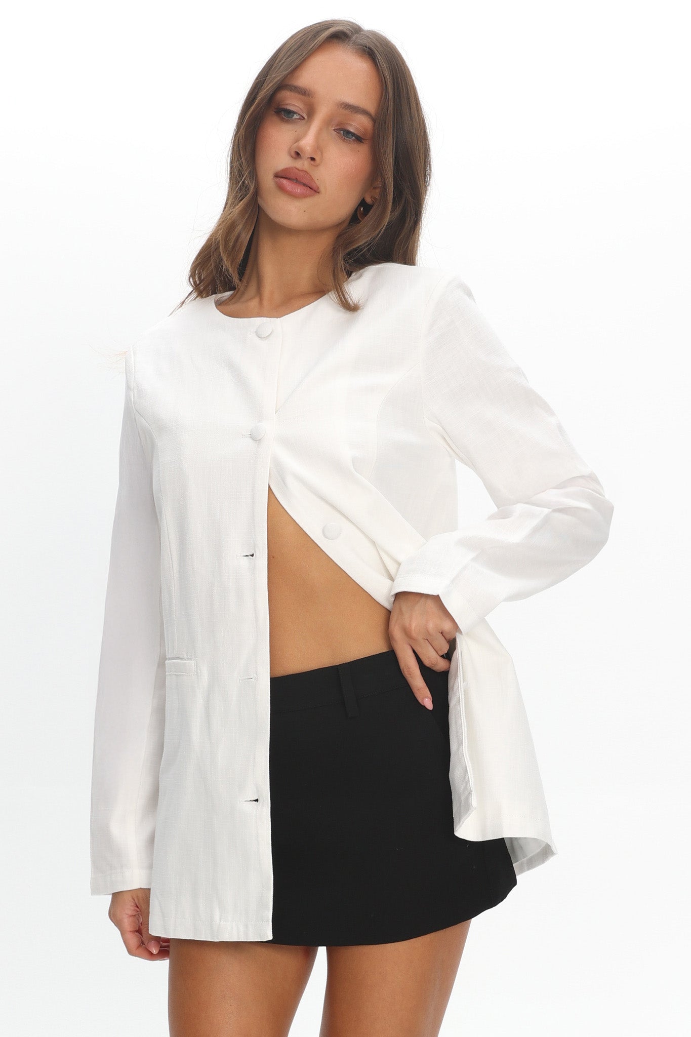 Vikki Round Neck Structured Top Cream by Selfie Leslie Australia