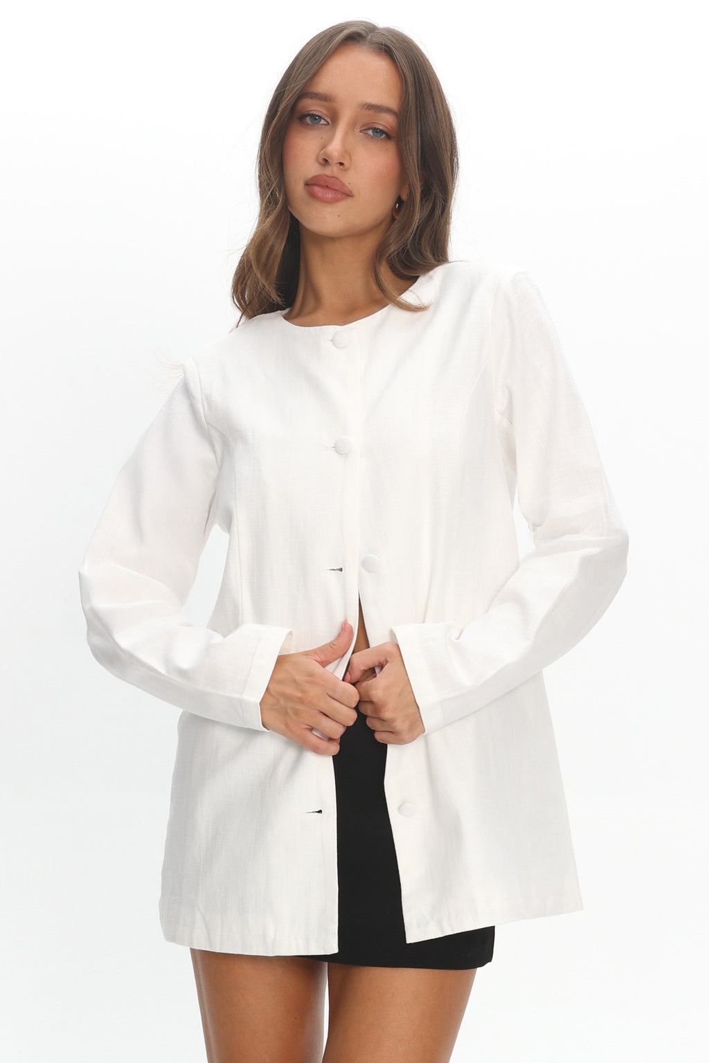 Vikki Round Neck Structured Top Cream by Selfie Leslie Australia