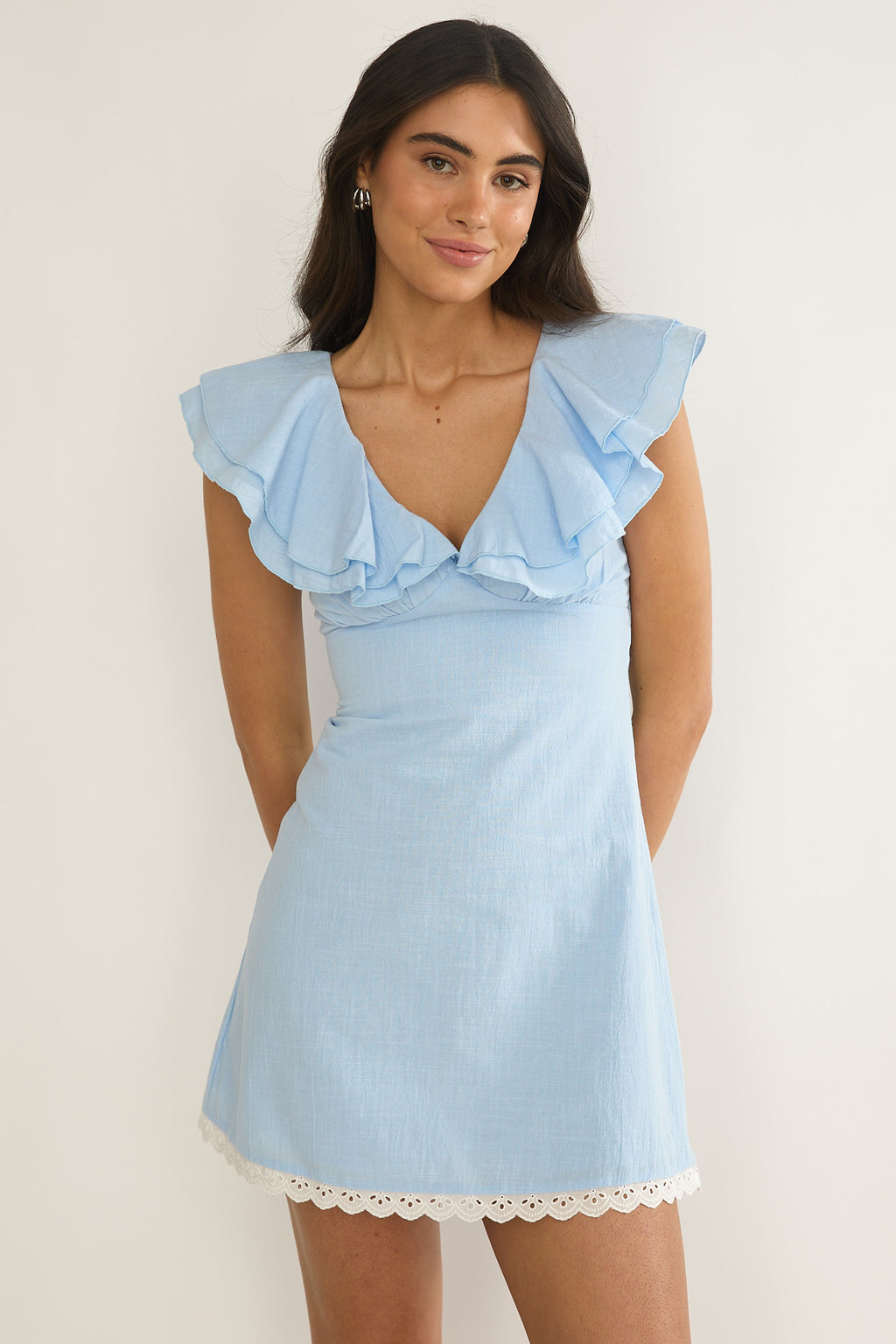 Unpredictable Layered Ruffle Neckline Mini Dress Blue by Selfie Leslie Australia