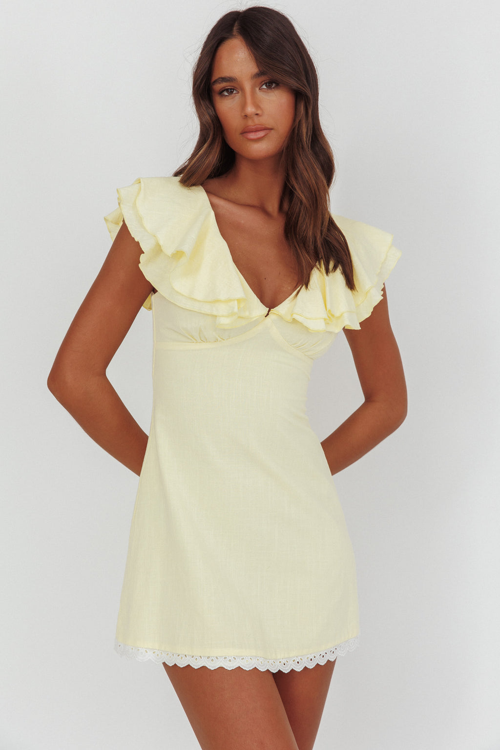 Unpredictable Layered Ruffle Neckline Mini Dress Butter by Selfie Leslie Australia