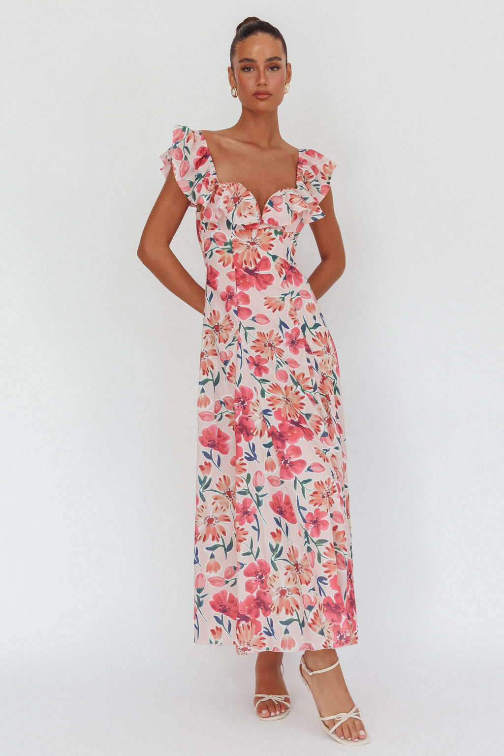 Palms Ruffle Sleeve Tied Back Maxi Dress Floral Pink by Selfie Leslie Australia