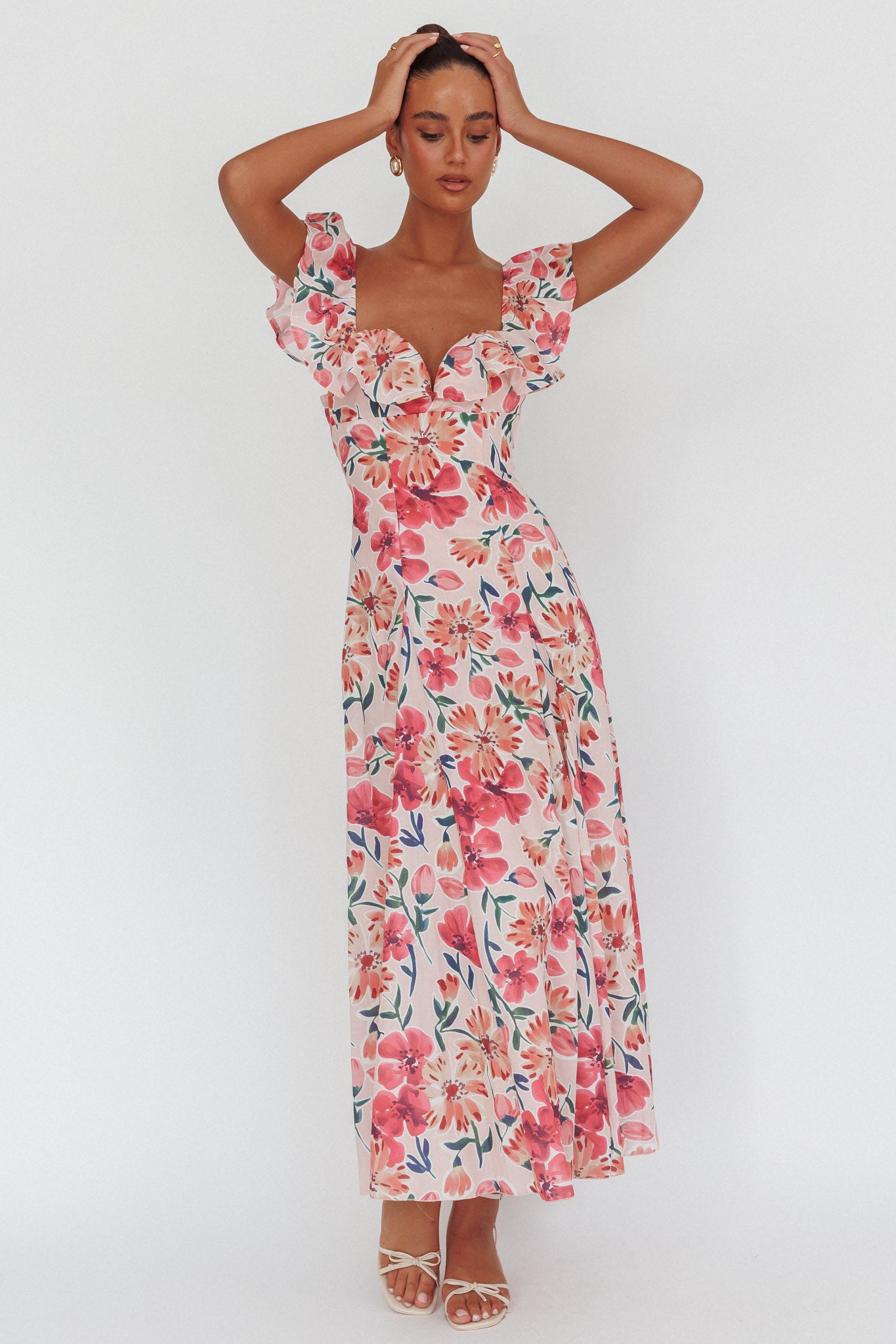 Palms Ruffle Sleeve Tied Back Maxi Dress Floral Pink by Selfie Leslie Australia