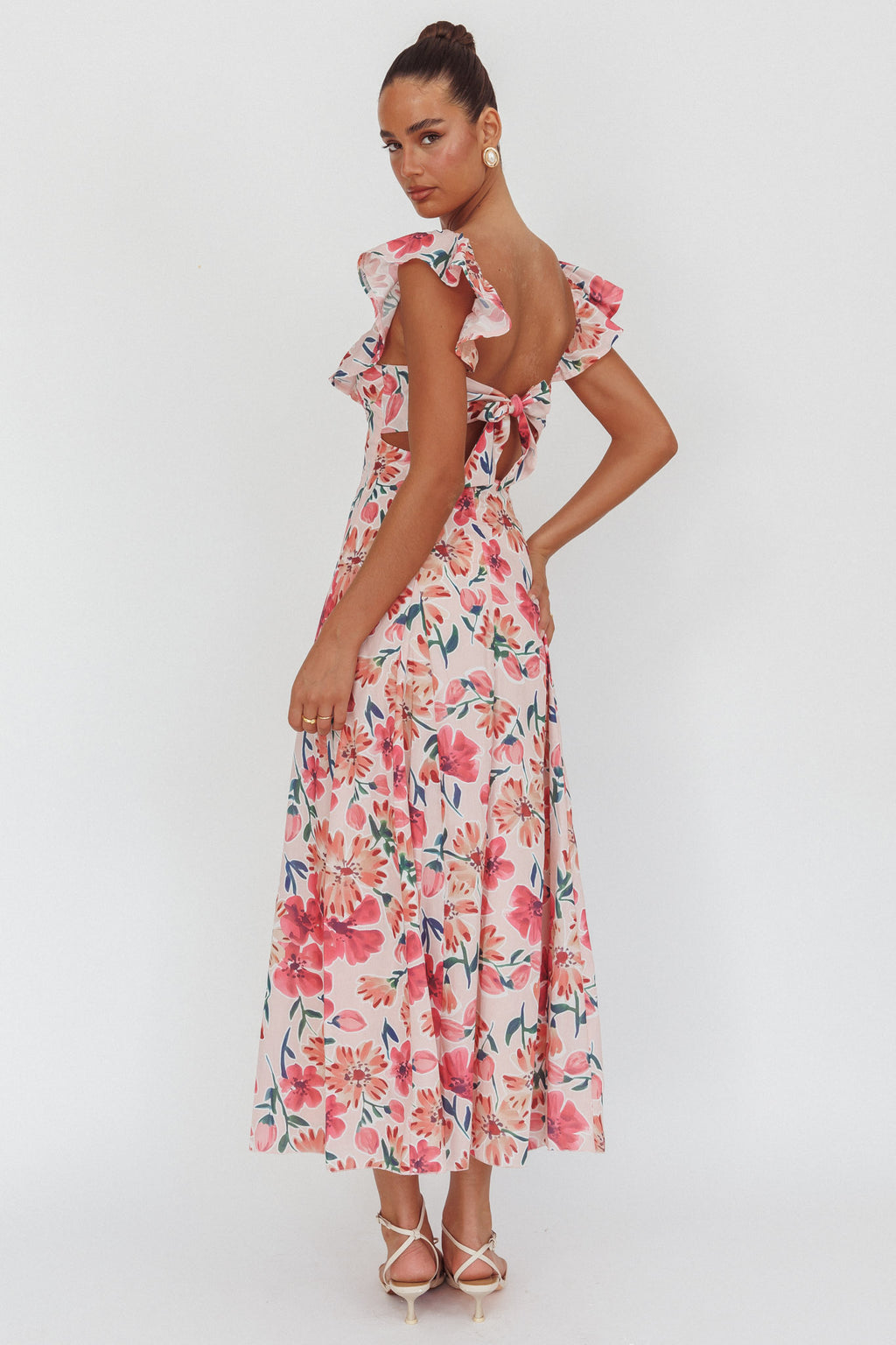 Palms Ruffle Sleeve Tied Back Maxi Dress Floral Pink by Selfie Leslie Australia