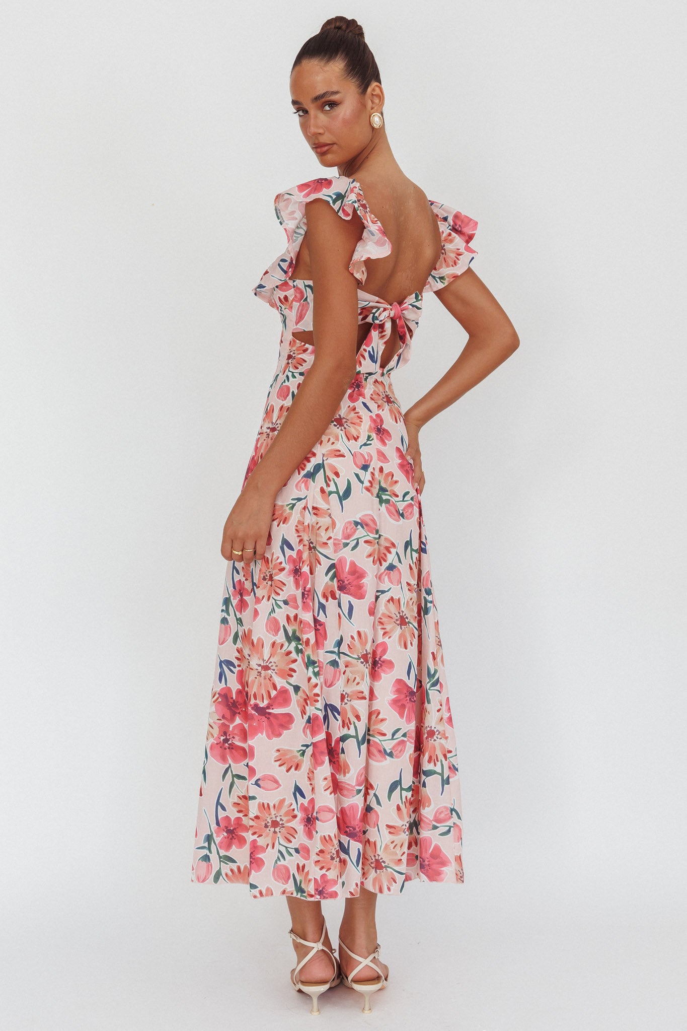 Palms Ruffle Sleeve Tied Back Maxi Dress Floral Pink by Selfie Leslie Australia