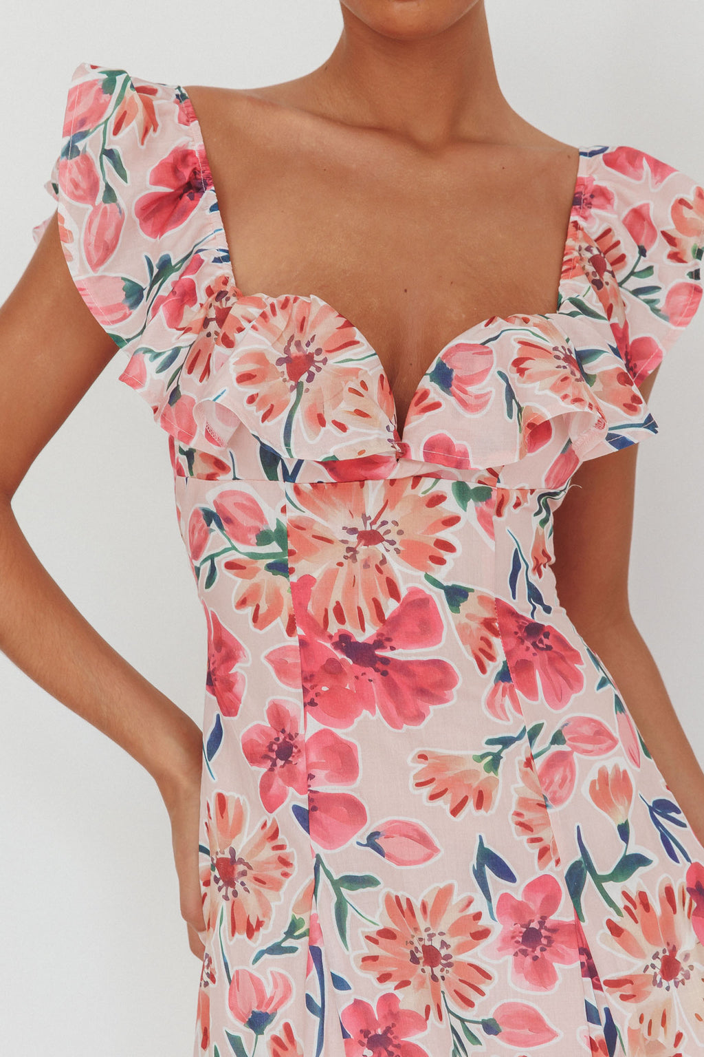Palms Ruffle Sleeve Tied Back Maxi Dress Floral Pink by Selfie Leslie Australia