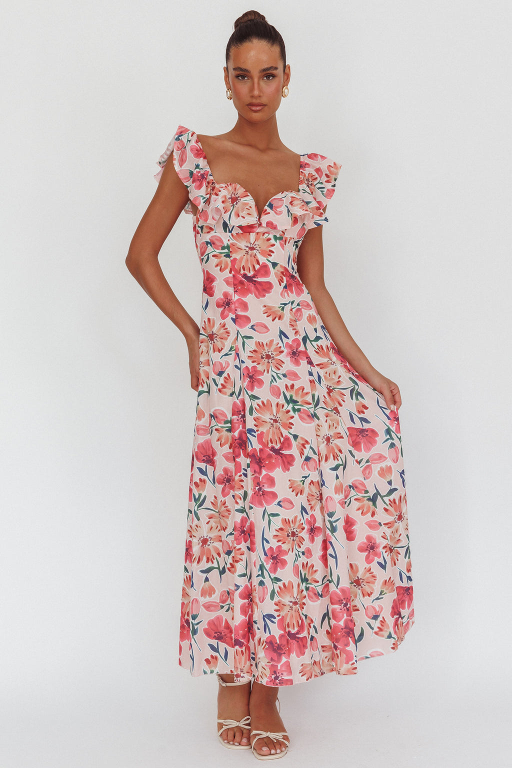 Palms Ruffle Sleeve Tied Back Maxi Dress Floral Pink by Selfie Leslie Australia