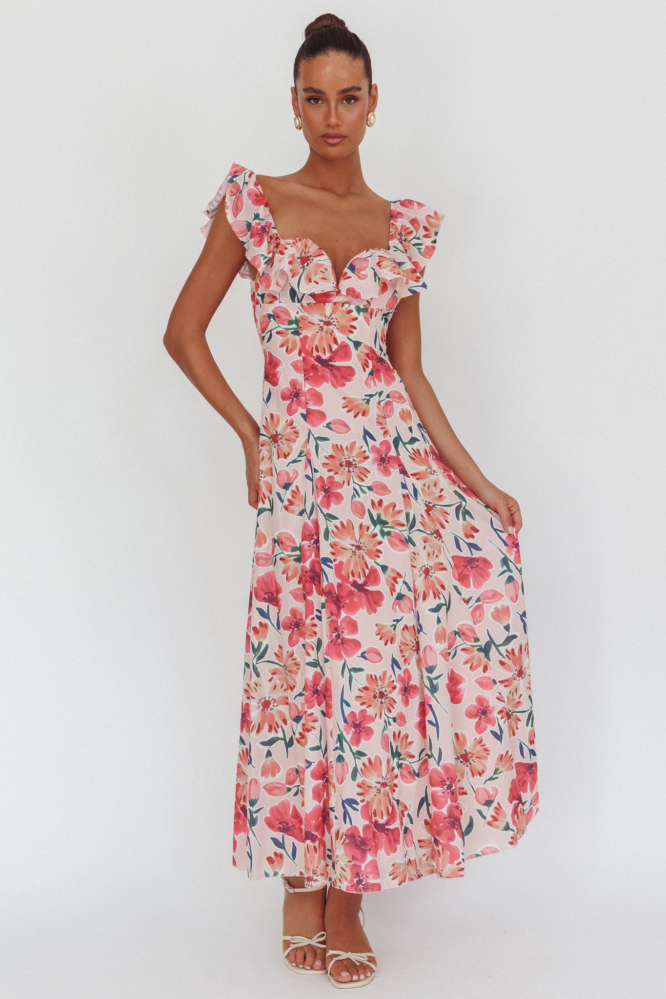 Palms Ruffle Sleeve Tied Back Maxi Dress Floral Pink by Selfie Leslie Australia