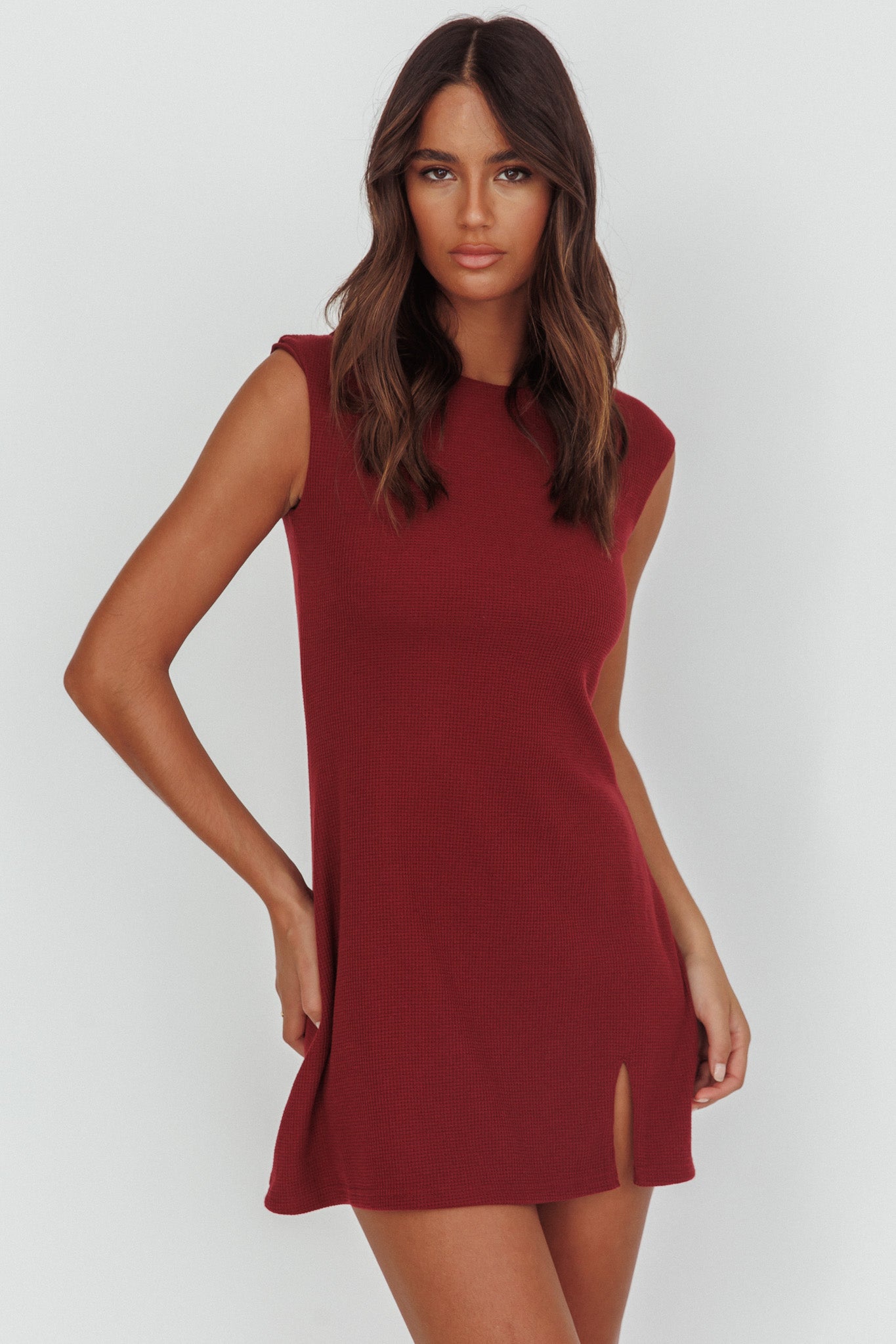 Groove Sleeveless Mini Dress Textured Burgundy by Selfie Leslie Australia
