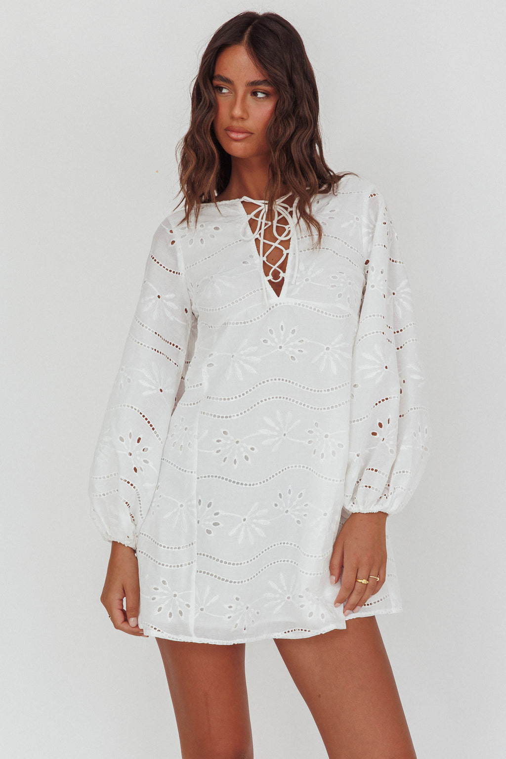 Long Weekend Eyelet Mini Dress White by Selfie Leslie Australia
