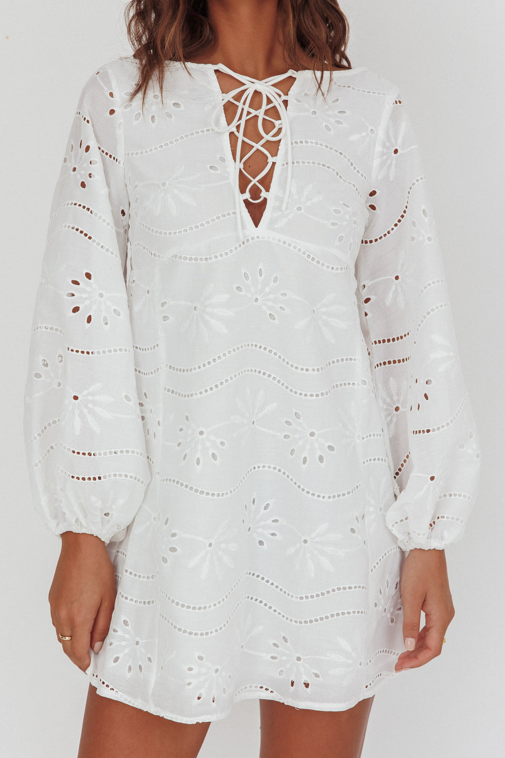 Long Weekend Eyelet Mini Dress White by Selfie Leslie Australia