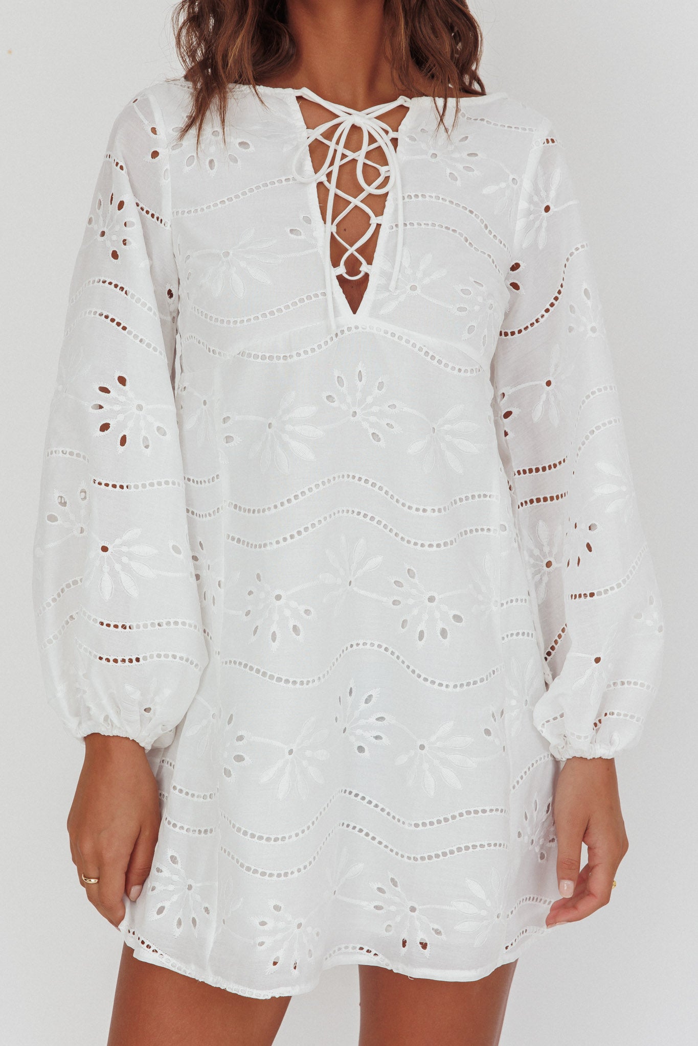 Long Weekend Eyelet Mini Dress White by Selfie Leslie Australia