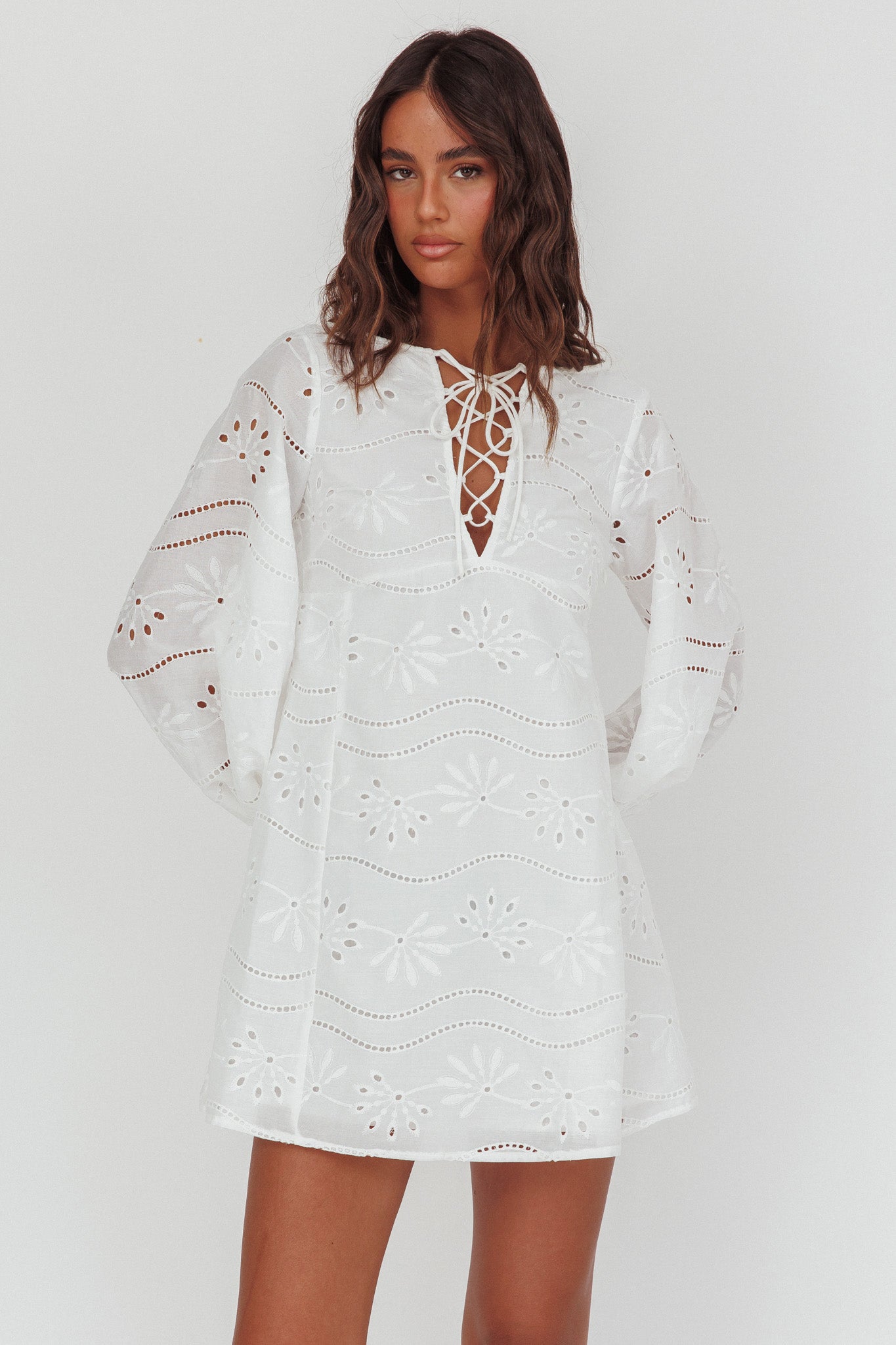 Long Weekend Eyelet Mini Dress White by Selfie Leslie Australia