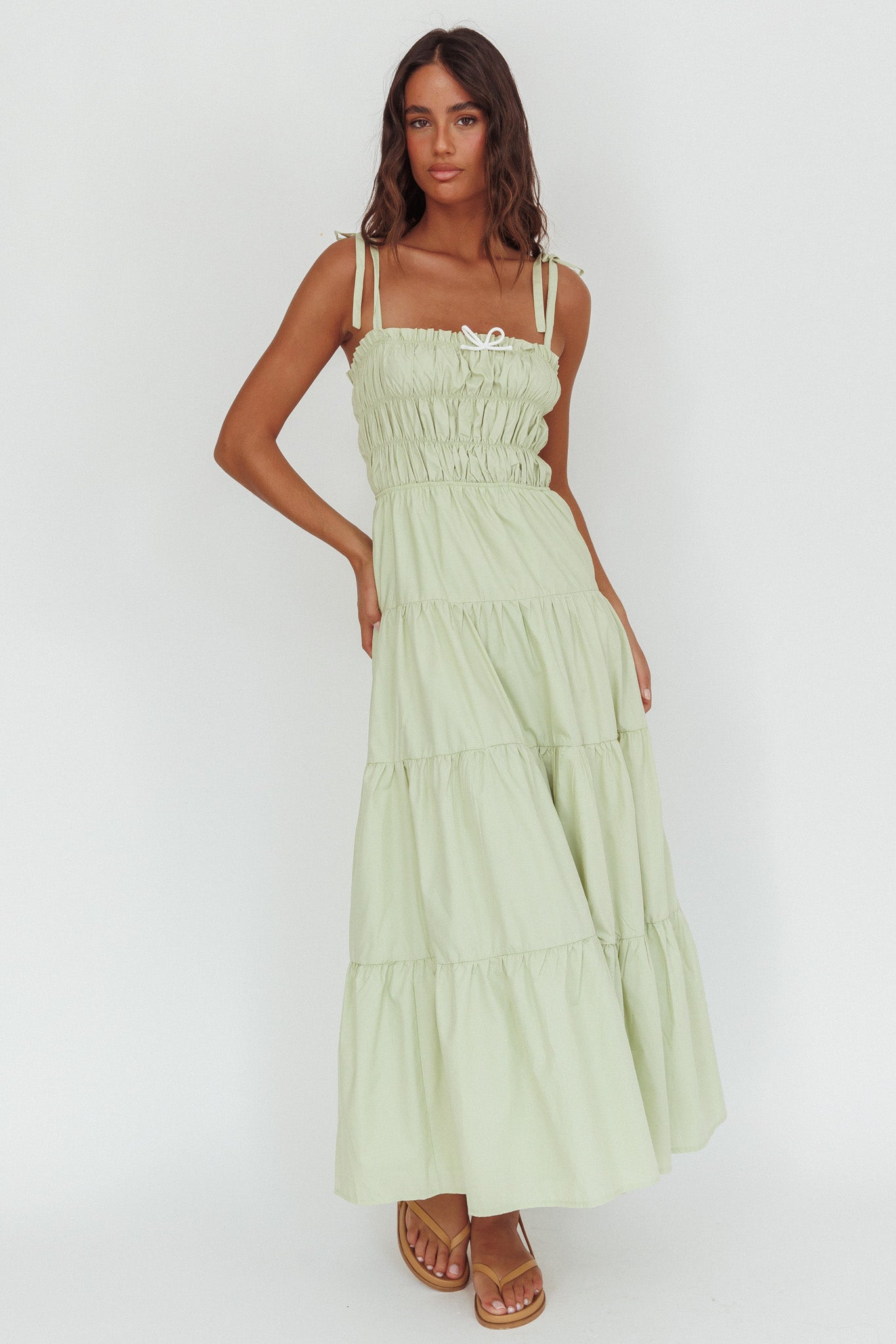 Anderson Tied Shoulder Smocked Bodice Maxi Dress Sage by Selfie Leslie Australia