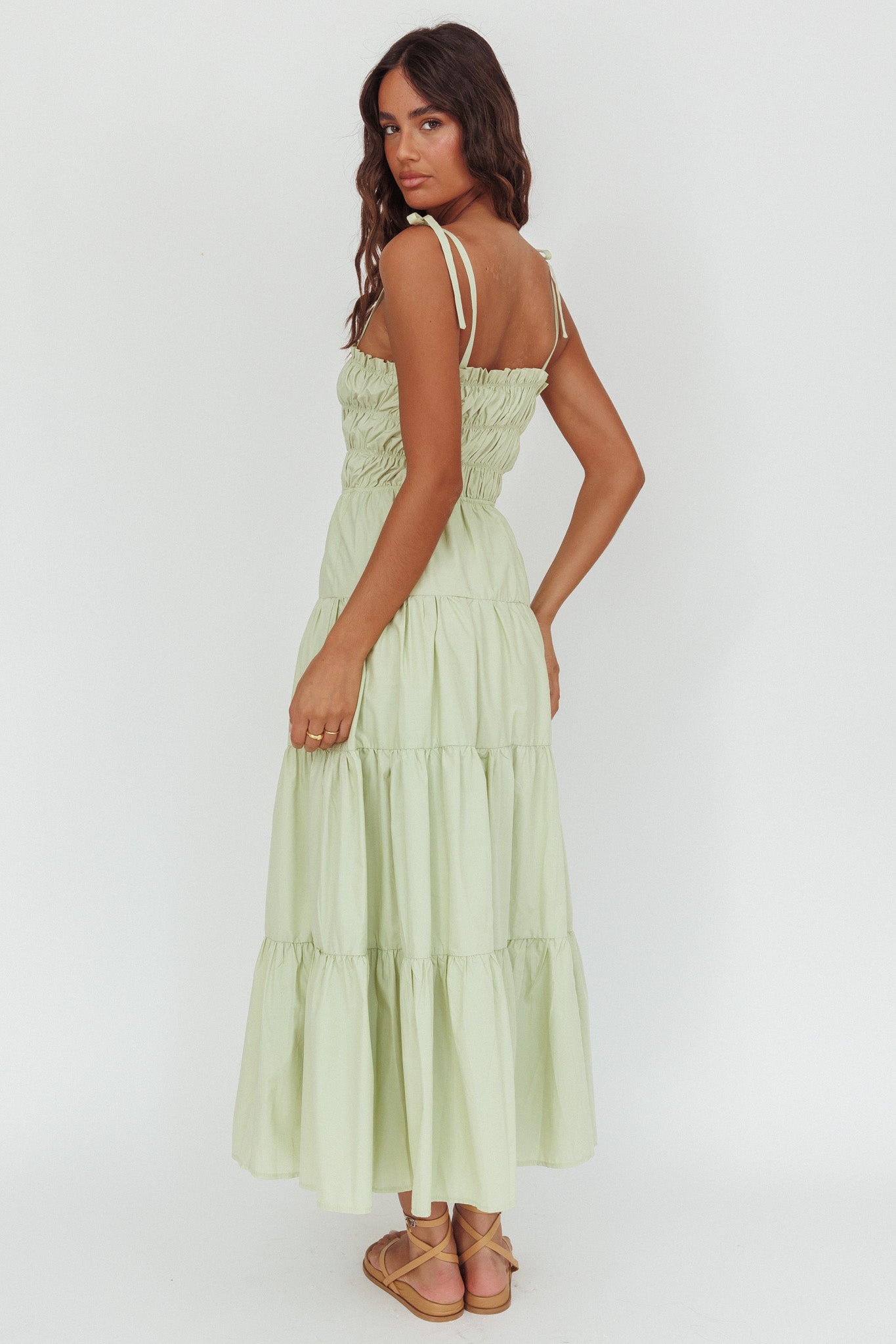 Anderson Tied Shoulder Smocked Bodice Maxi Dress Sage by Selfie Leslie Australia
