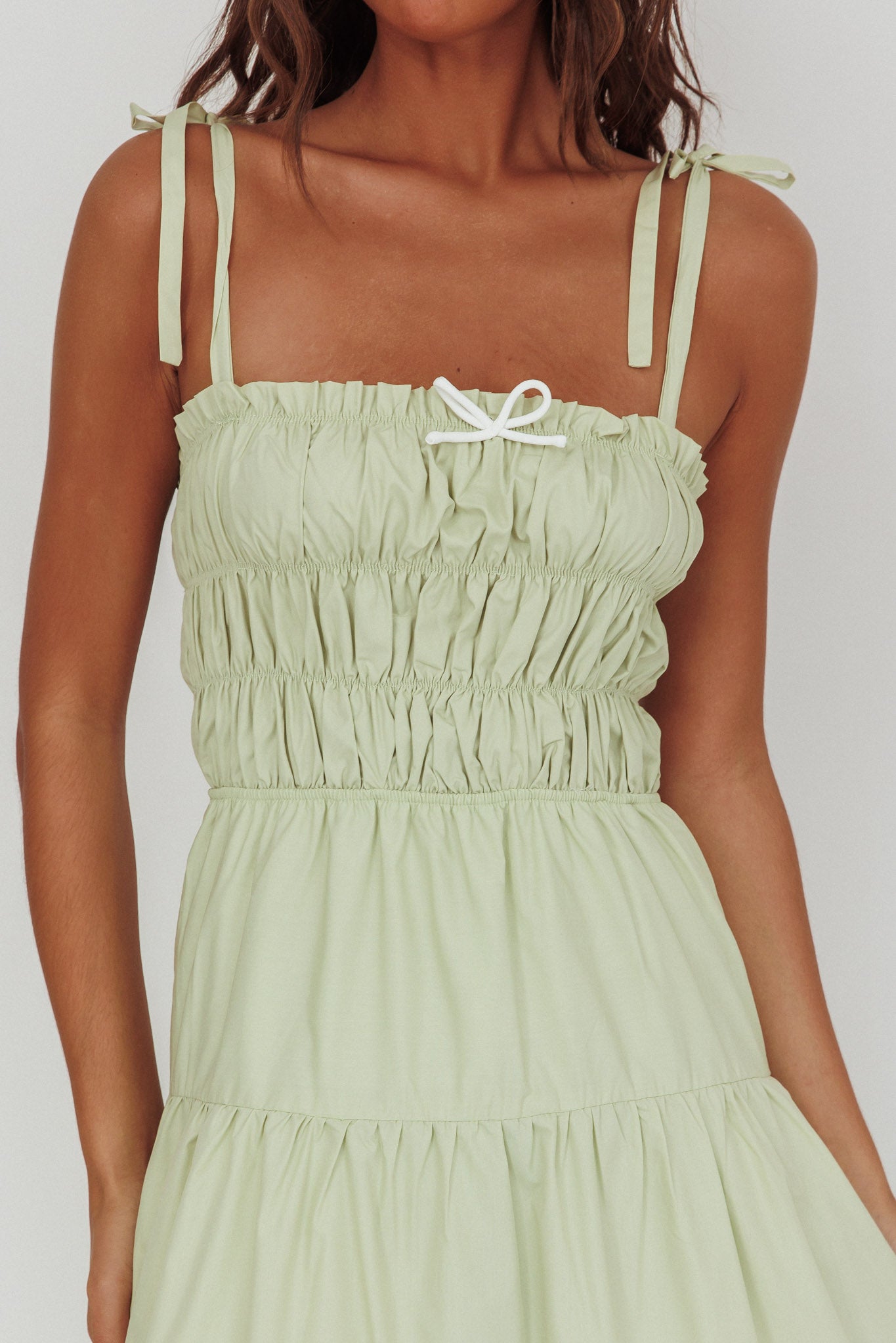 Anderson Tied Shoulder Smocked Bodice Maxi Dress Sage by Selfie Leslie Australia