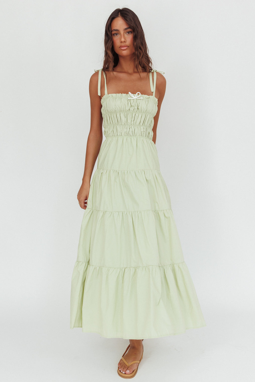 Anderson Tied Shoulder Smocked Bodice Maxi Dress Sage by Selfie Leslie Australia