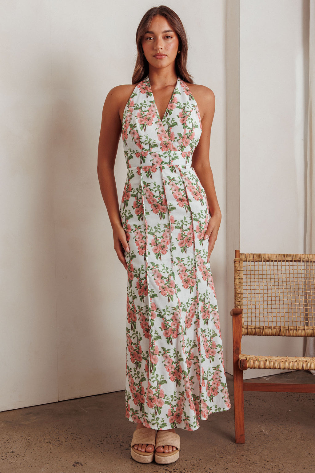 Love Bomb Pintuck Pleat Halterneck Maxi Dress Floral Pink by Selfie Leslie Australia