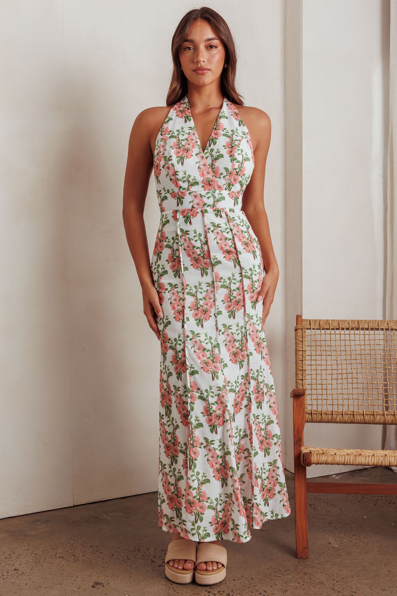 Love Bomb Pintuck Pleat Halterneck Maxi Dress Floral Pink by Selfie Leslie Australia