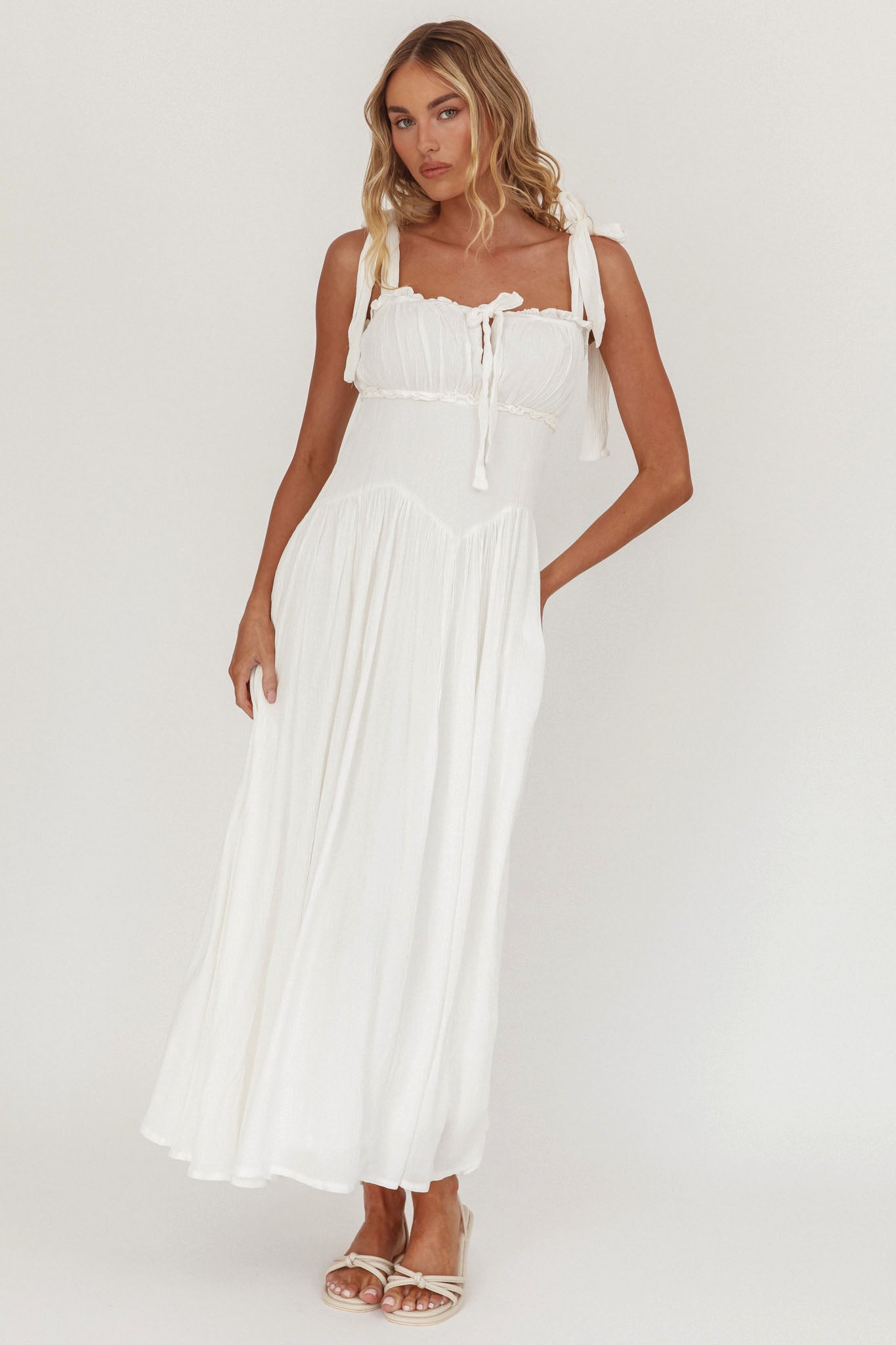 Albury Tied Shoulder Basque Waist Midi Dress White by Selfie Leslie Australia