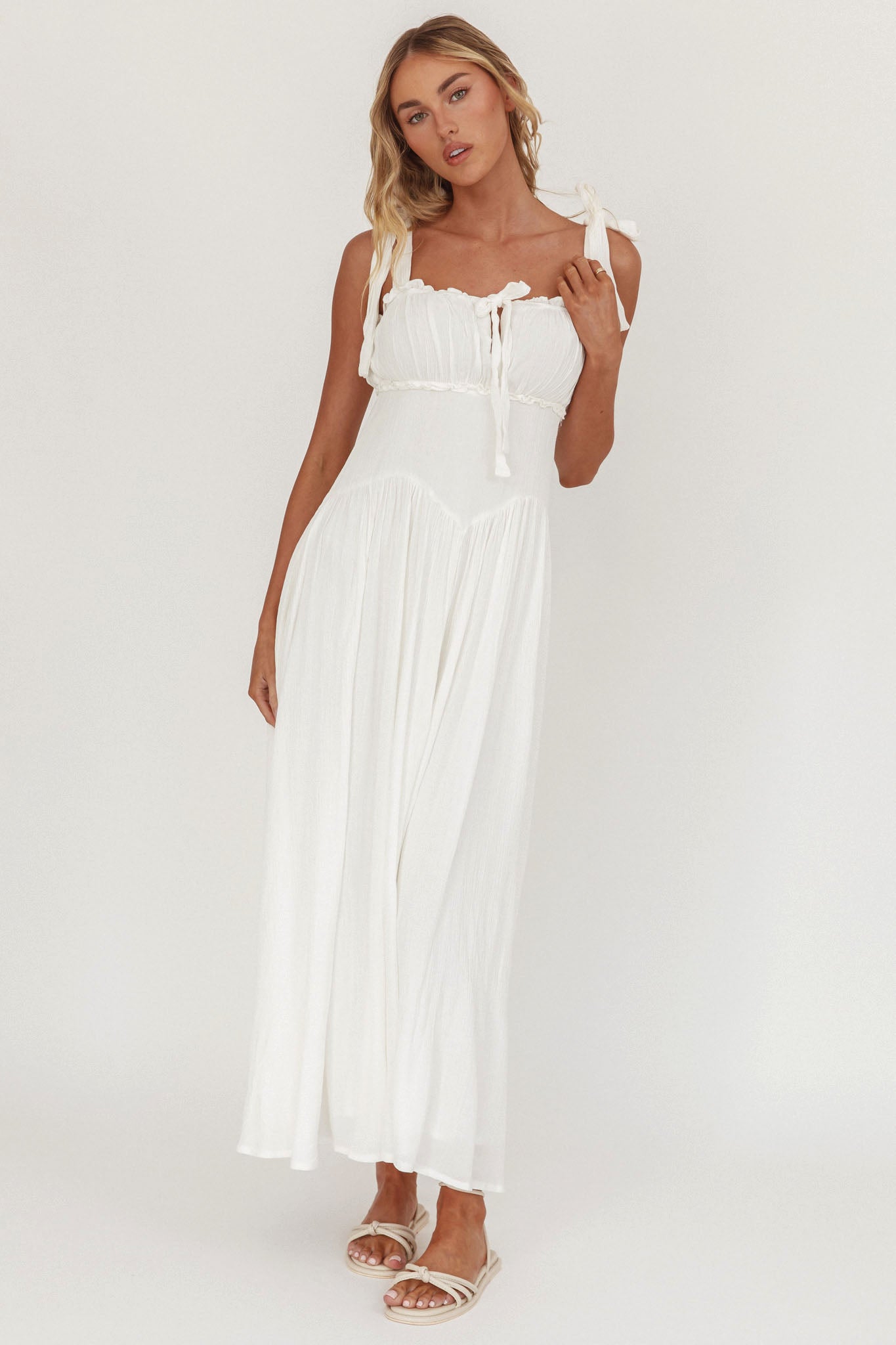Albury Tied Shoulder Basque Waist Midi Dress White by Selfie Leslie Australia