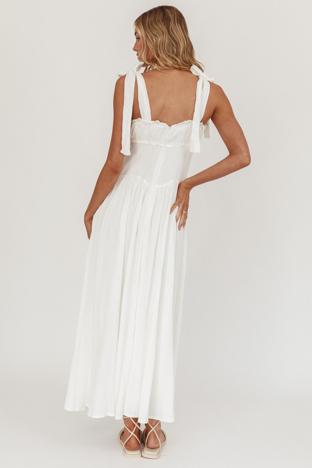 Albury Tied Shoulder Basque Waist Midi Dress White by Selfie Leslie Australia