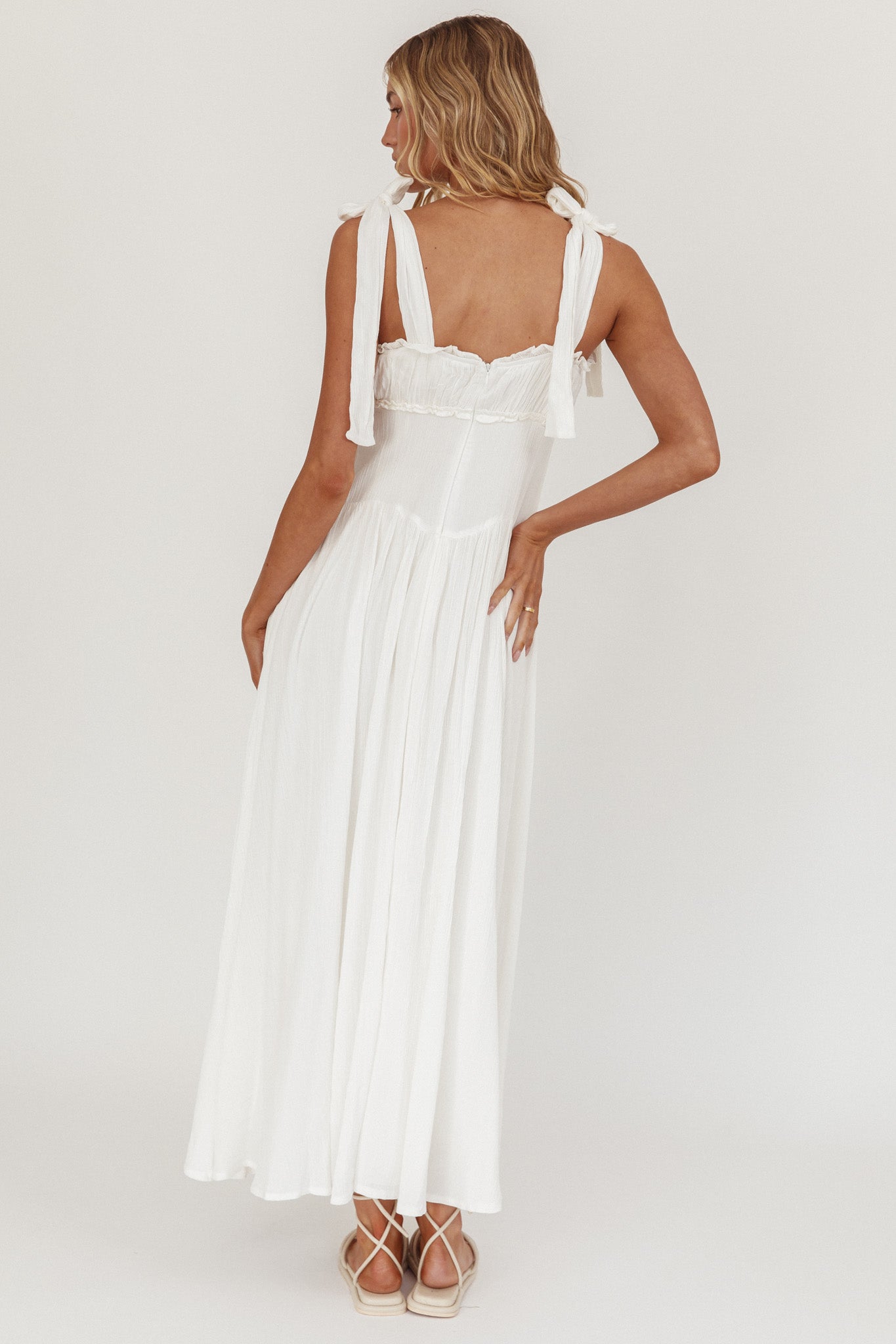 Albury Tied Shoulder Basque Waist Midi Dress White by Selfie Leslie Australia