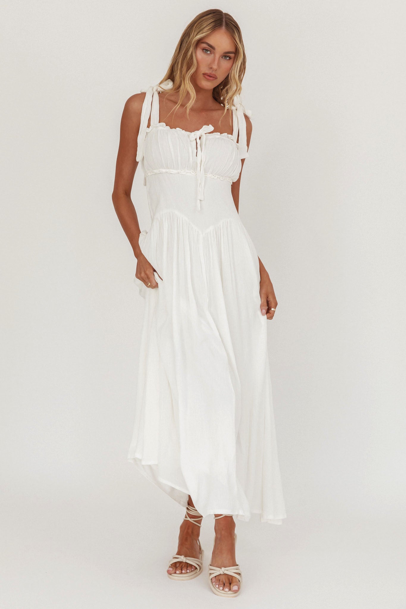 Albury Tied Shoulder Basque Waist Midi Dress White by Selfie Leslie Australia