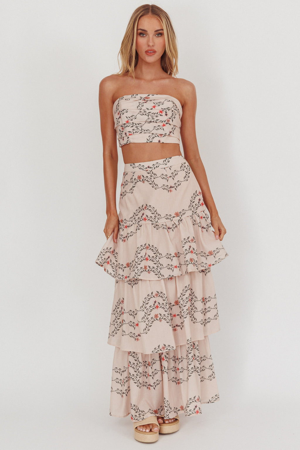 Ezmeralda Tiered Ruffle Maxi Skirt Floral Beige by Selfie Leslie Australia