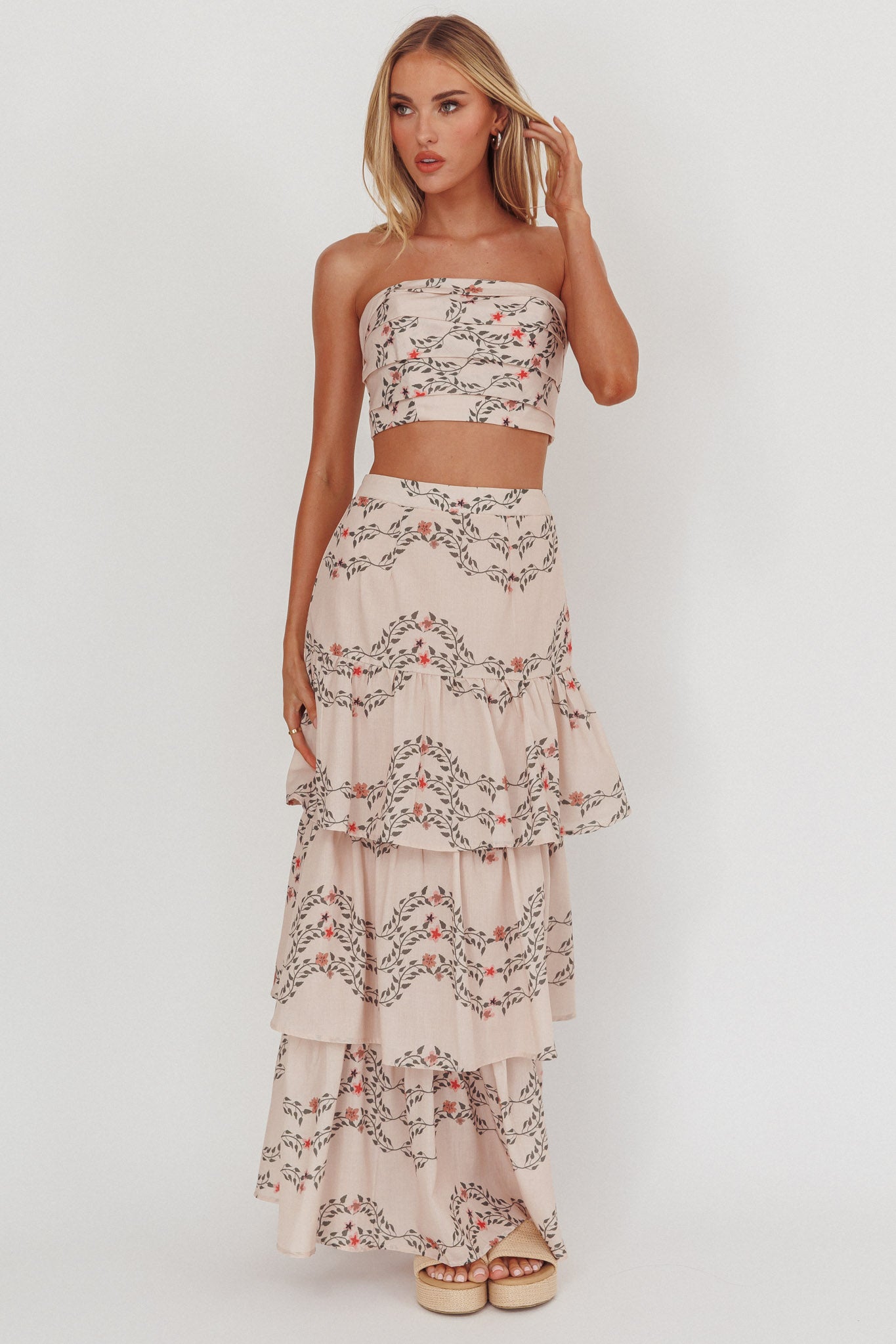Ezmeralda Tiered Ruffle Maxi Skirt Floral Beige by Selfie Leslie Australia