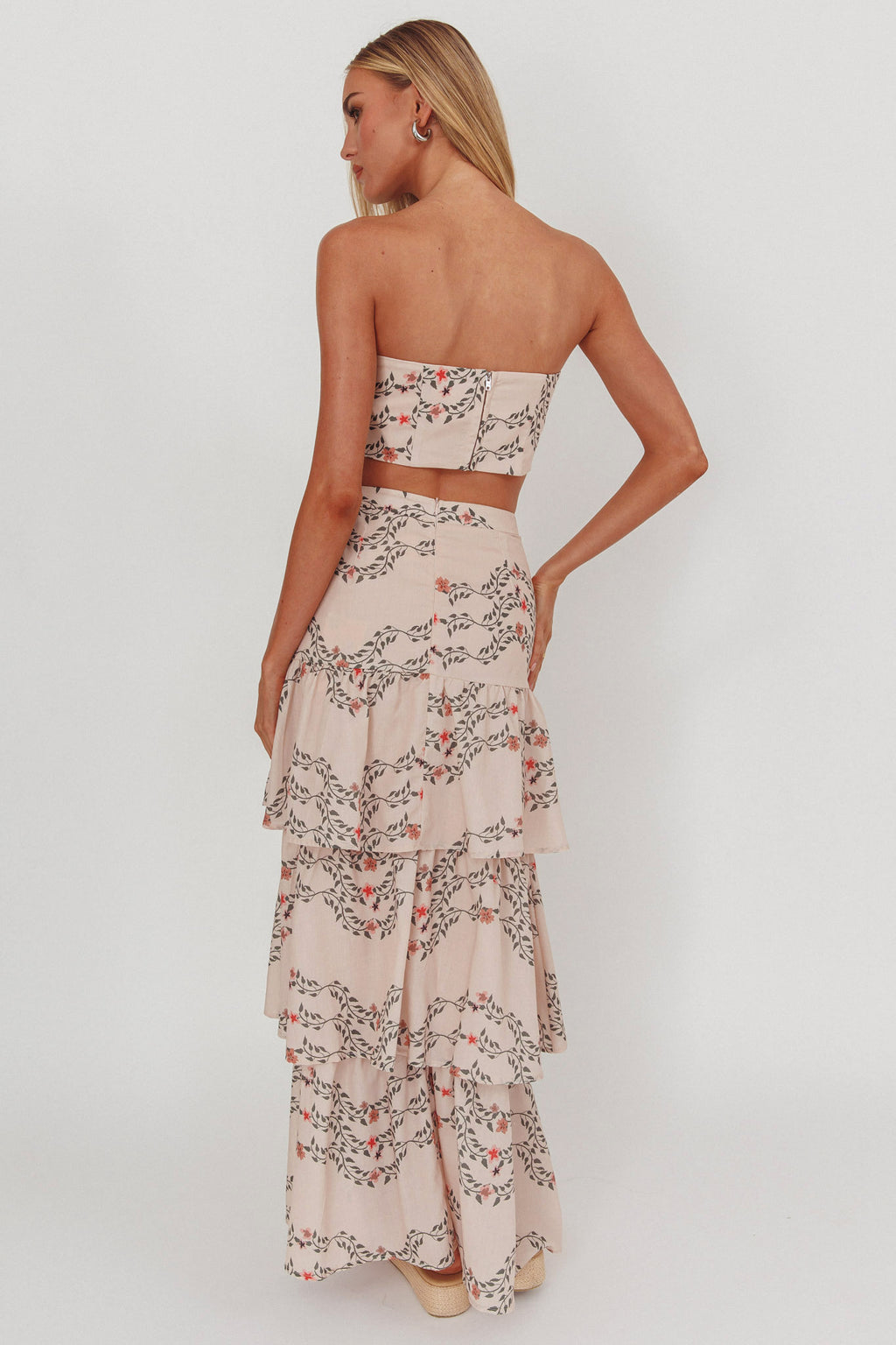 Ezmeralda Tiered Ruffle Maxi Skirt Floral Beige by Selfie Leslie Australia