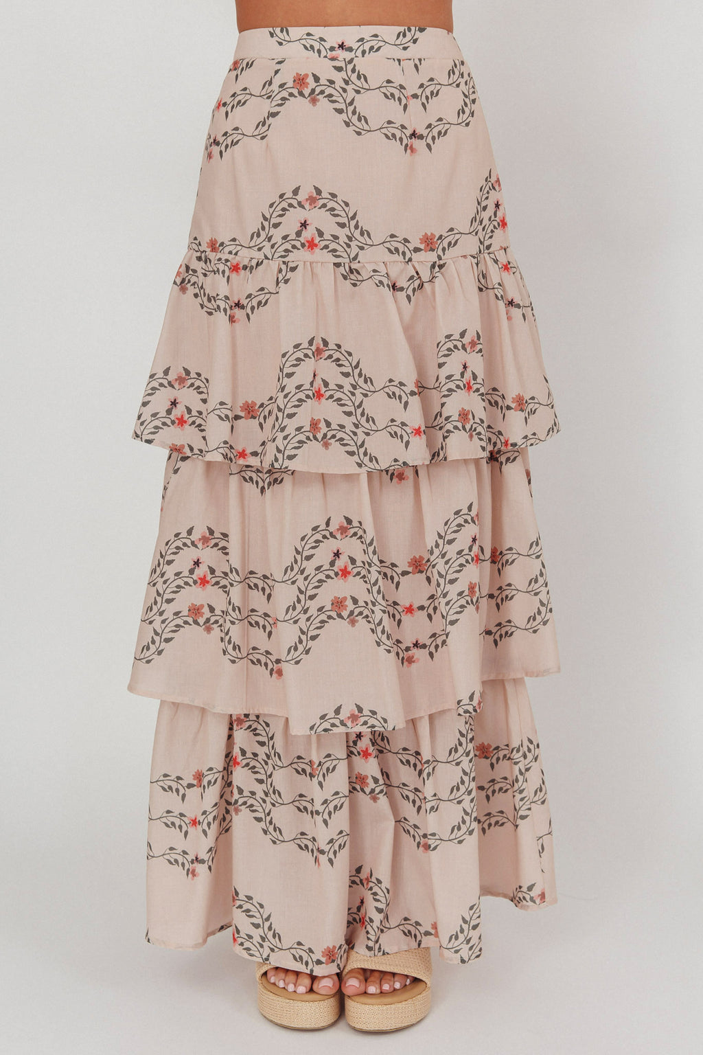 Ezmeralda Tiered Ruffle Maxi Skirt Floral Beige by Selfie Leslie Australia