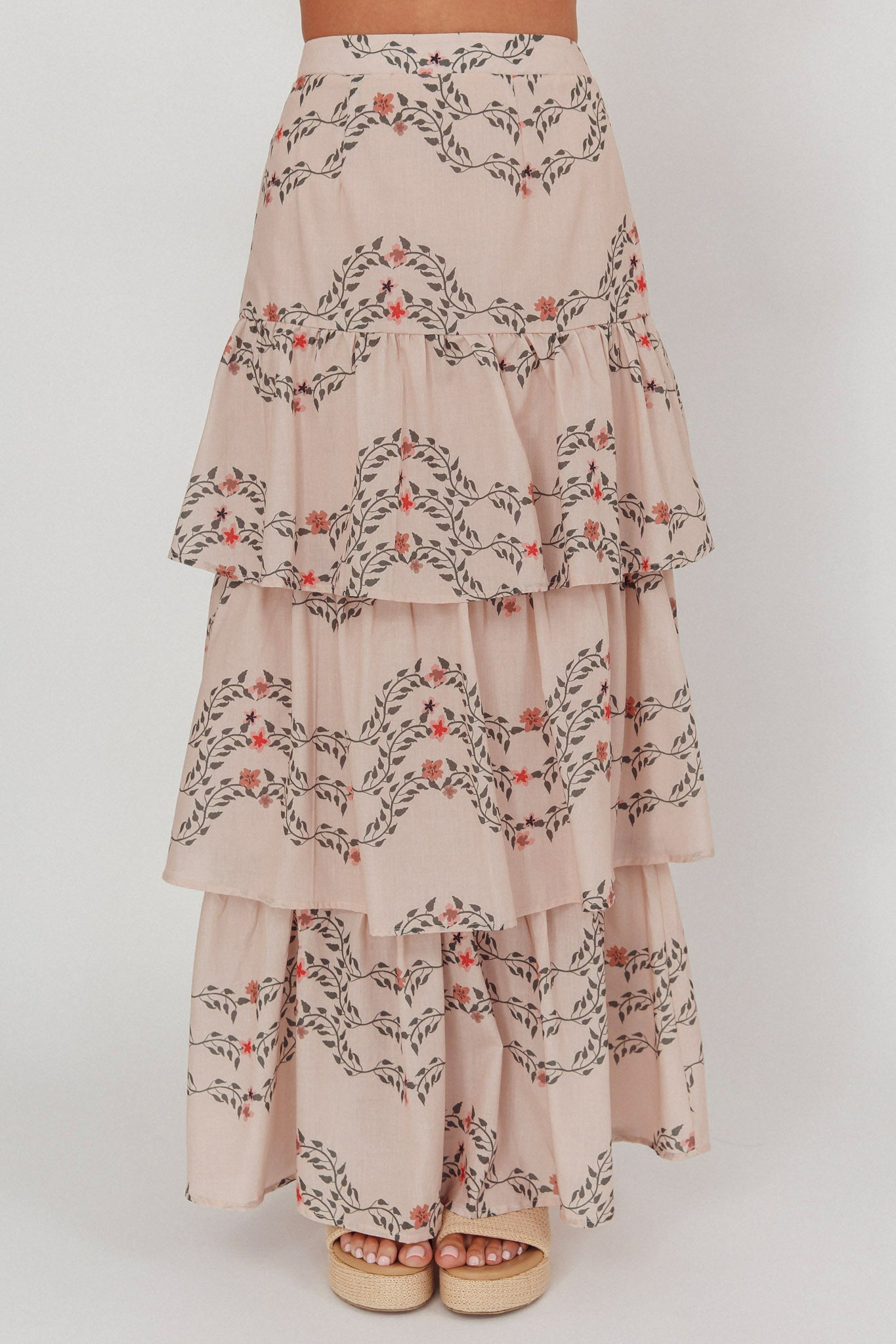 Ezmeralda Tiered Ruffle Maxi Skirt Floral Beige by Selfie Leslie Australia