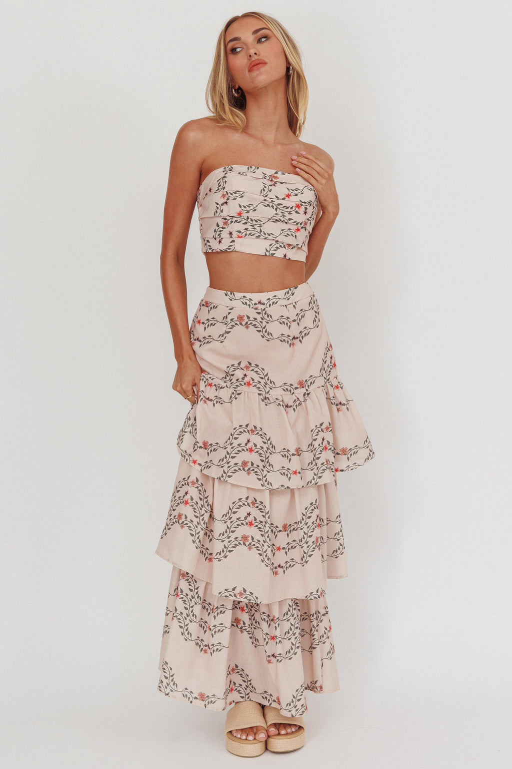 Ezmeralda Tiered Ruffle Maxi Skirt Floral Beige by Selfie Leslie Australia