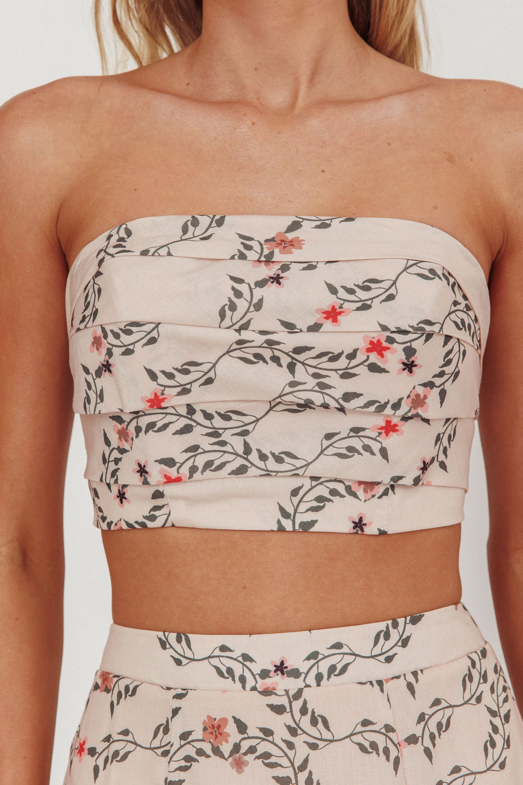 Ezmeralda Strapless Peat Crop Top Floral Beige by Selfie Leslie Australia