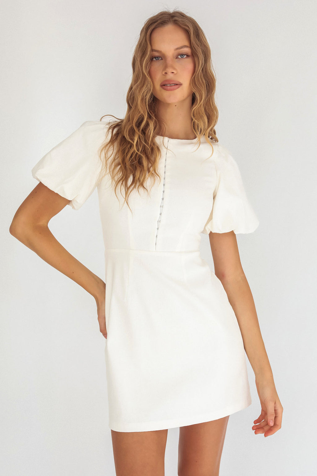 Leronne Hook & Eye Puff Sleeve Mini Dress White by Selfie Leslie Australia