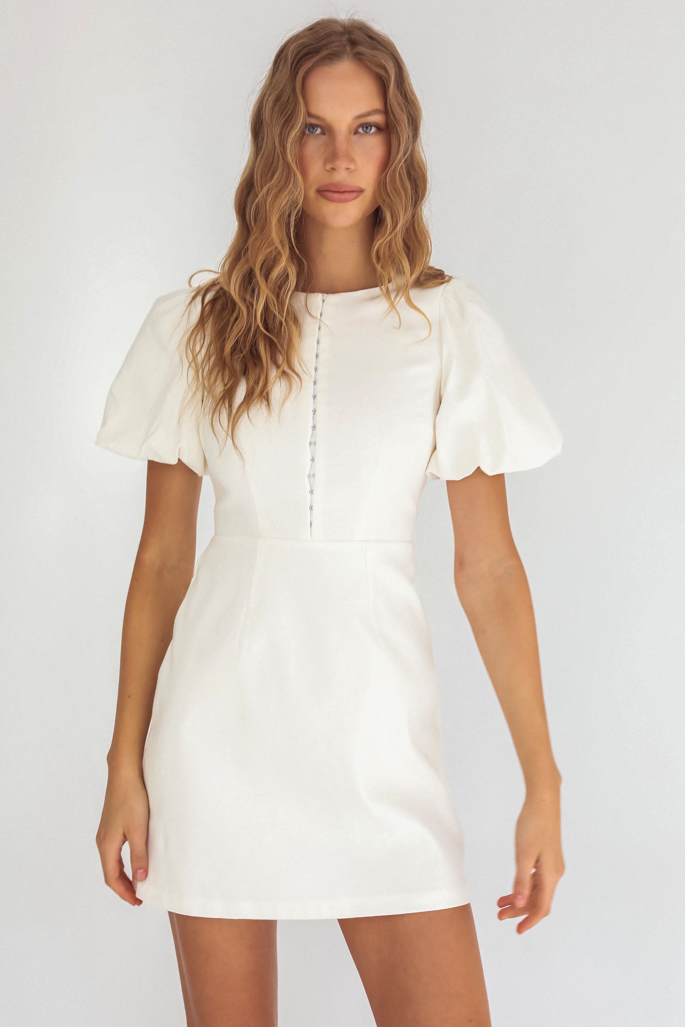 Leronne Hook & Eye Puff Sleeve Mini Dress White by Selfie Leslie Australia