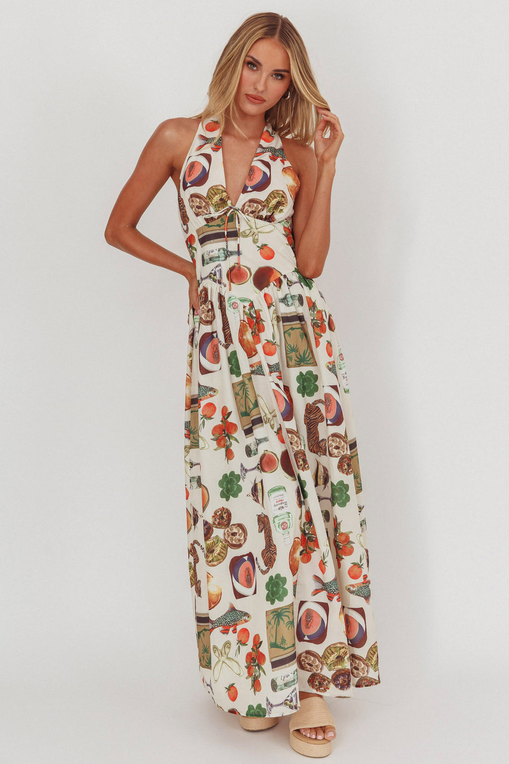 Clarette Basque Waist Open Back Maxi Dress Exotic Beige by Selfie Leslie Australia