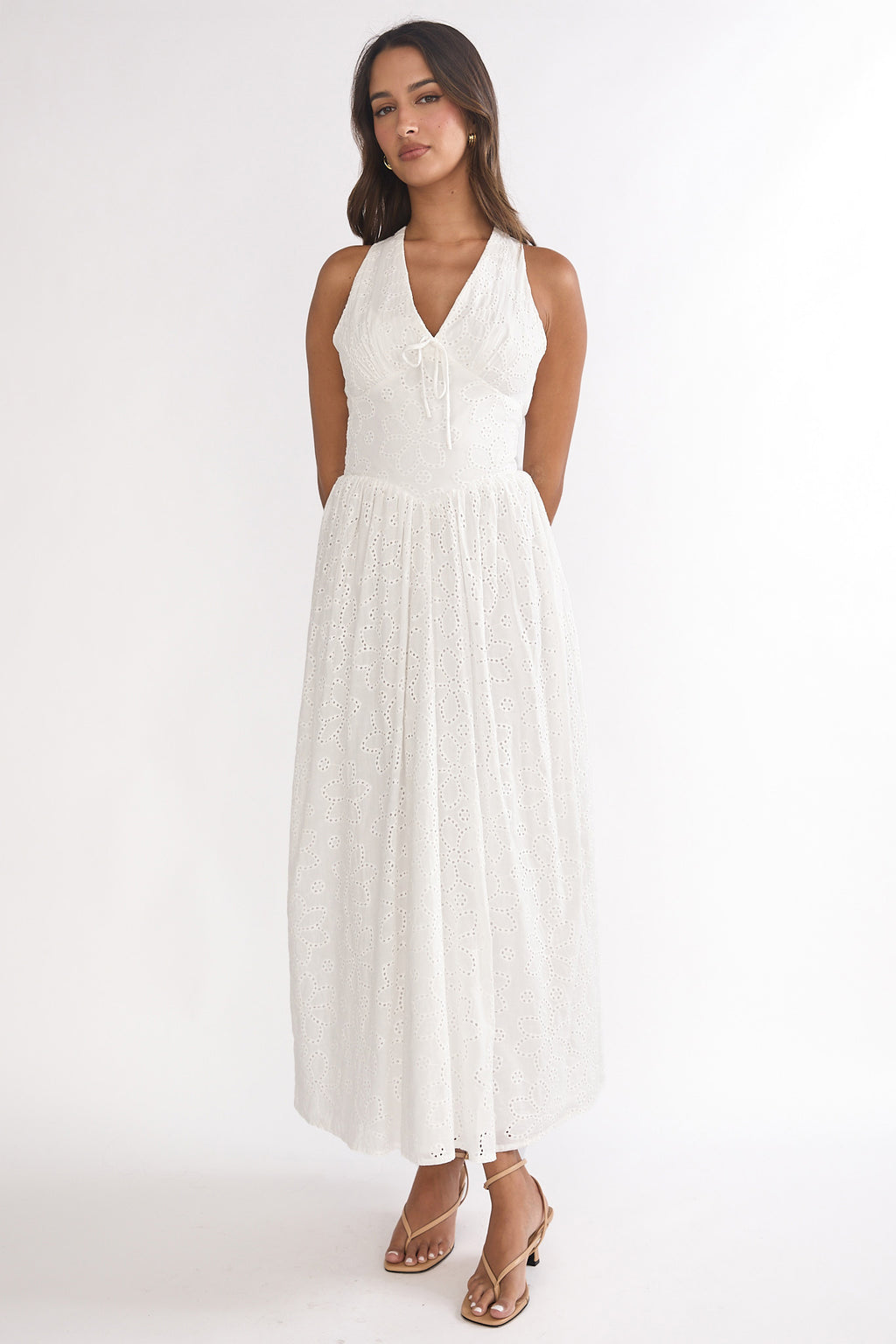 Sundrenched Halter Maxi Dress Eyelet White by Selfie Leslie Australia