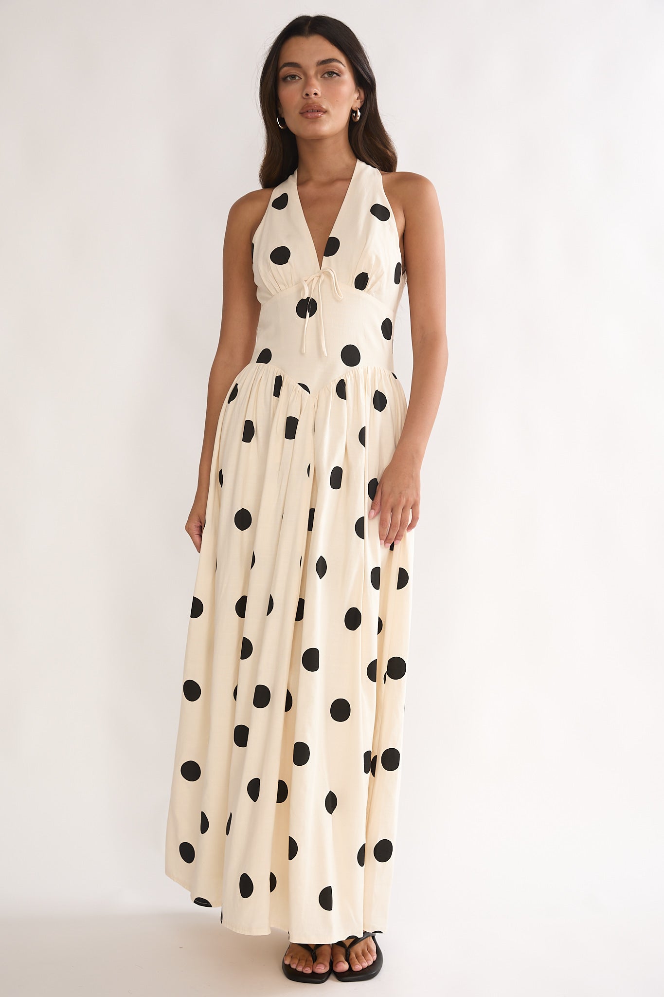 Sundrenched Halter Maxi Dress Polka Dot Beige by Selfie Leslie Australia