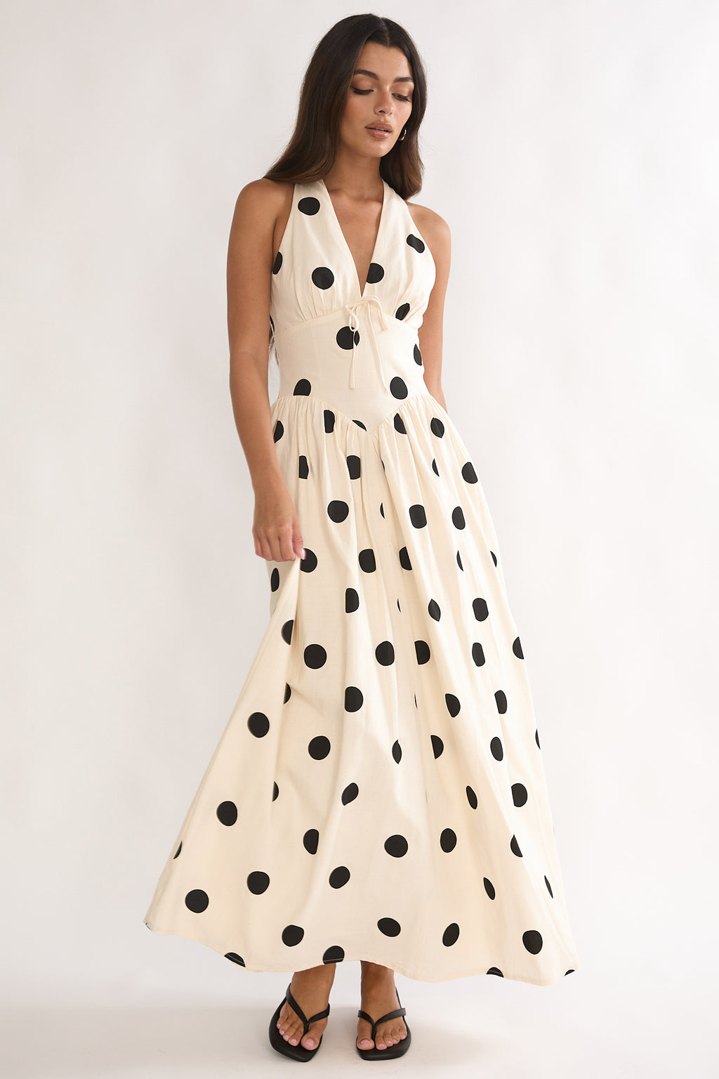 Sundrenched Halter Maxi Dress Polka Dot Beige by Selfie Leslie Australia