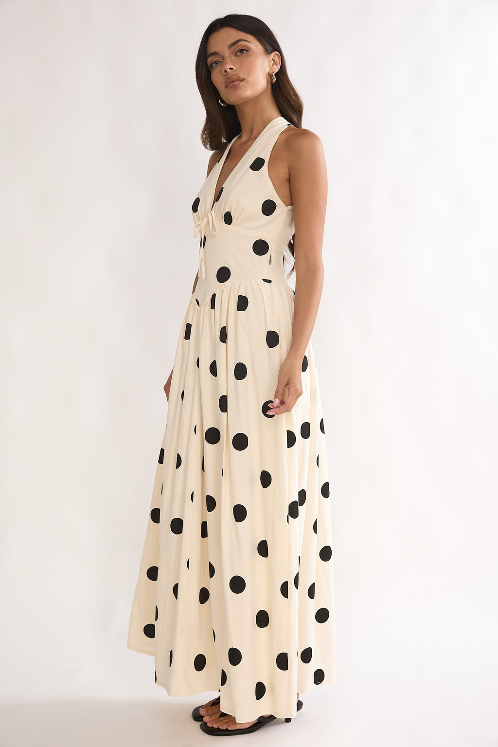 Sundrenched Halter Maxi Dress Polka Dot Beige by Selfie Leslie Australia